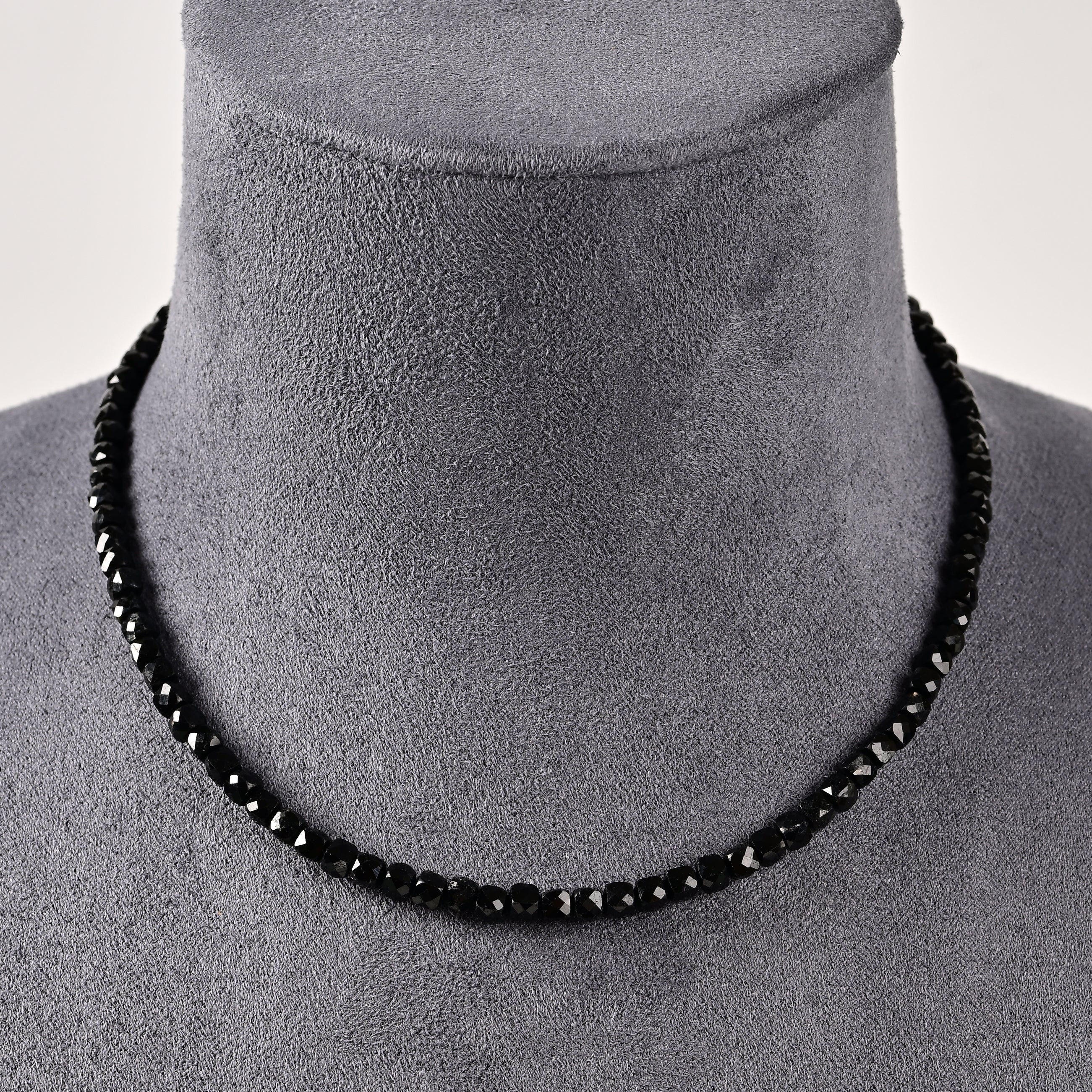 Natural Black Tourmaline Faceted 4mm Barrel 16in Necklace with Sterling Silver Extender