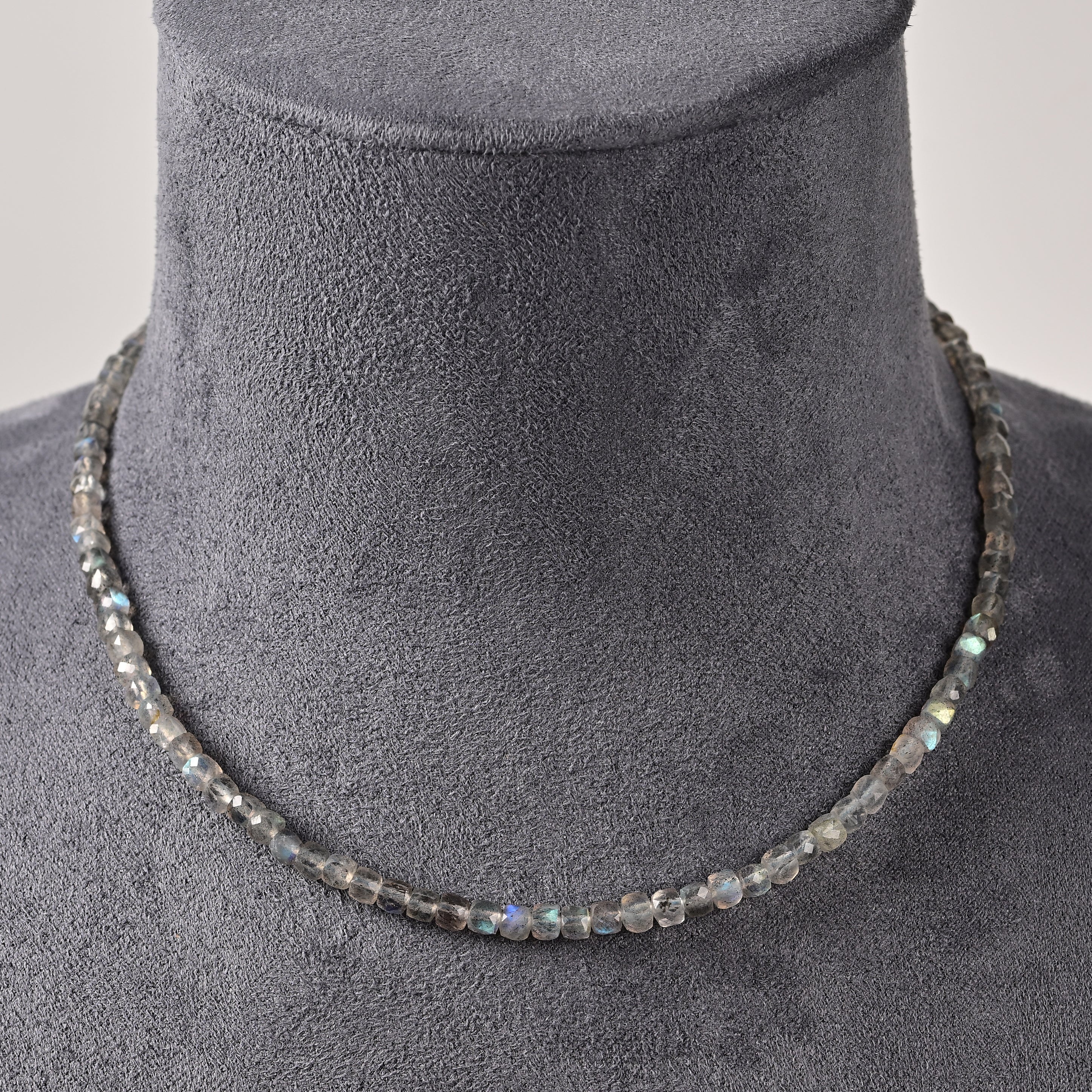 Natural Labradorite Faceted 4mm Barrel 16in Necklace with Sterling Silver Extender