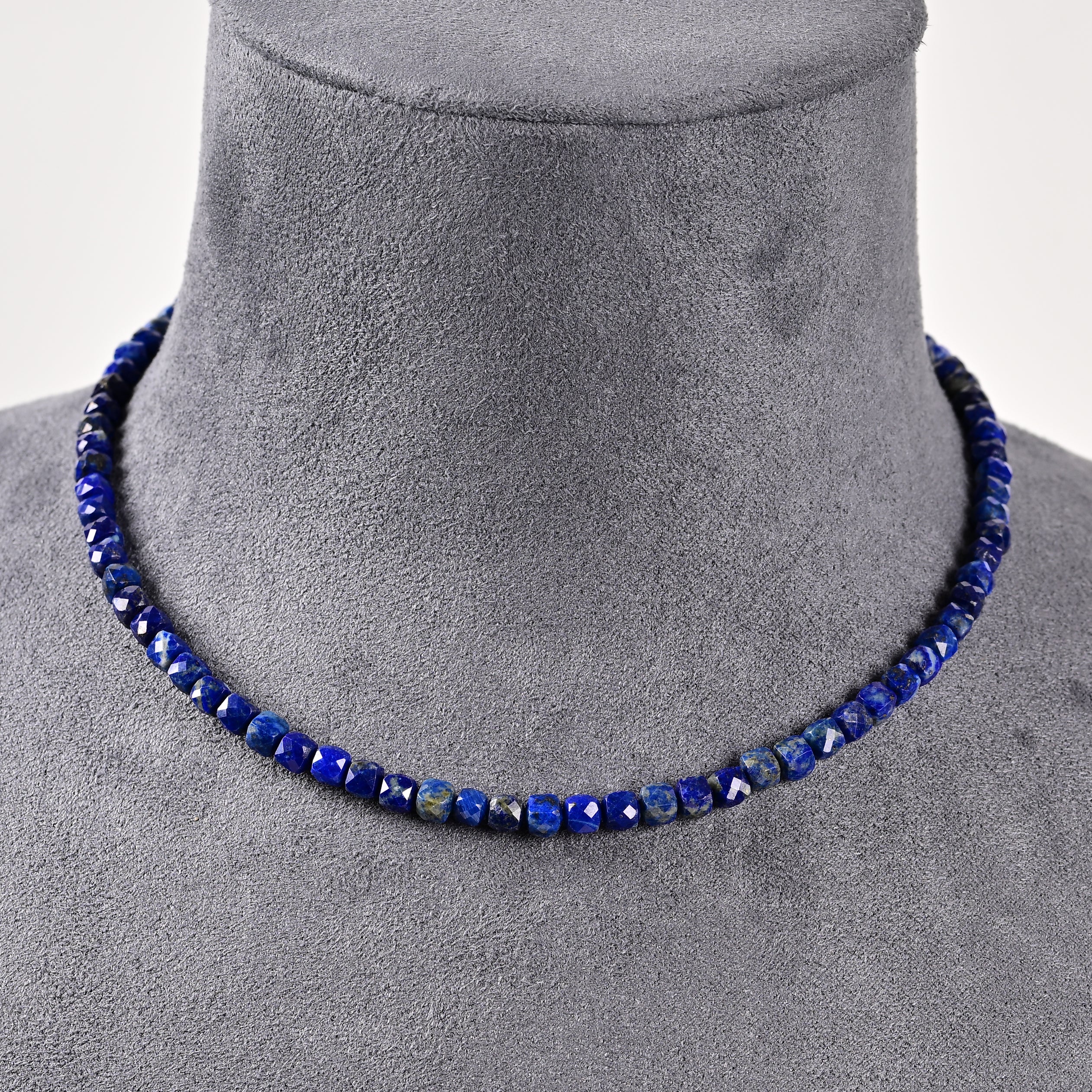 Natural Lapis Faceted 4mm Barrel 16in Necklace with Sterling Silver Extender