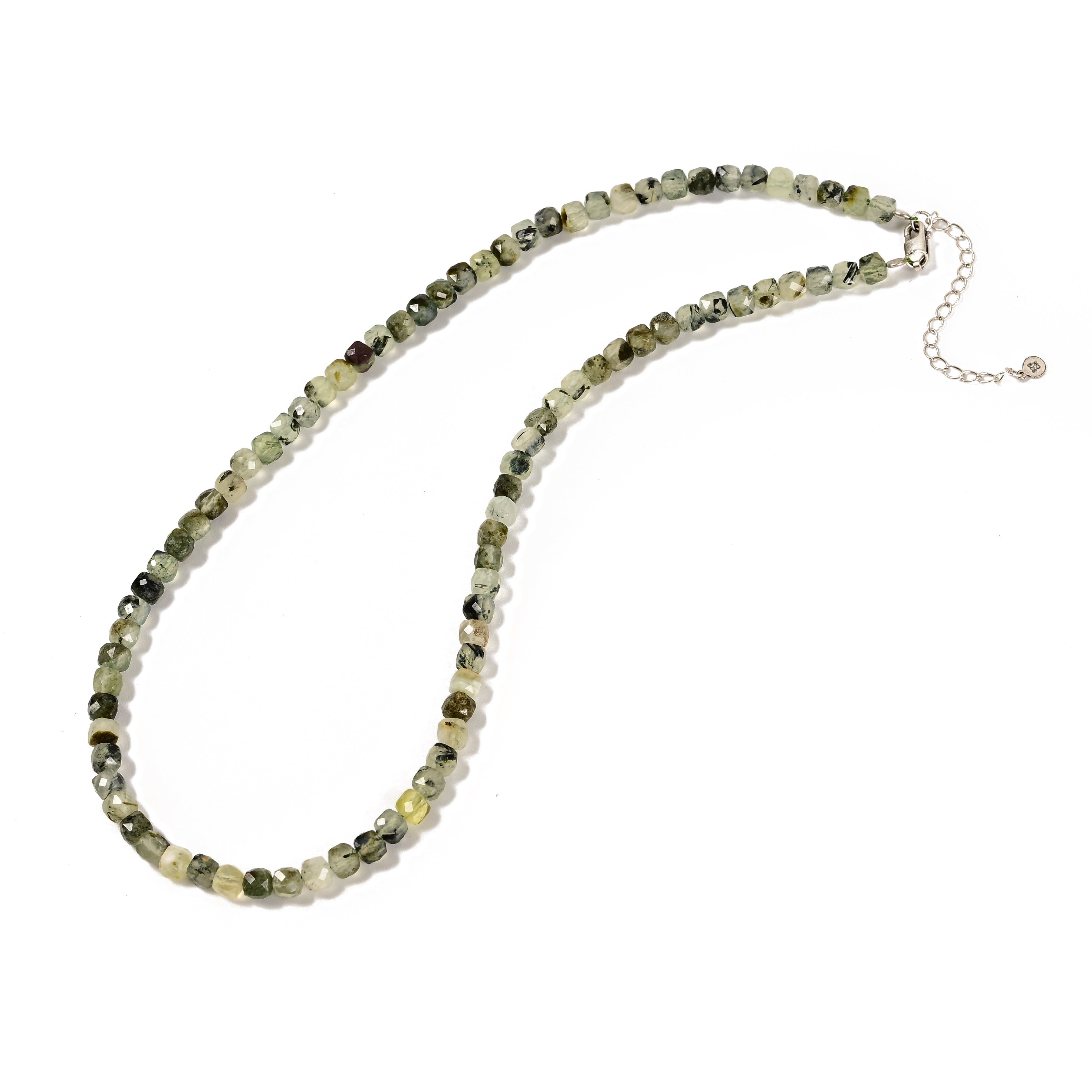 Natural Prehnite Faceted 4mm Barrel 16in Necklace with Sterling Silver Extender