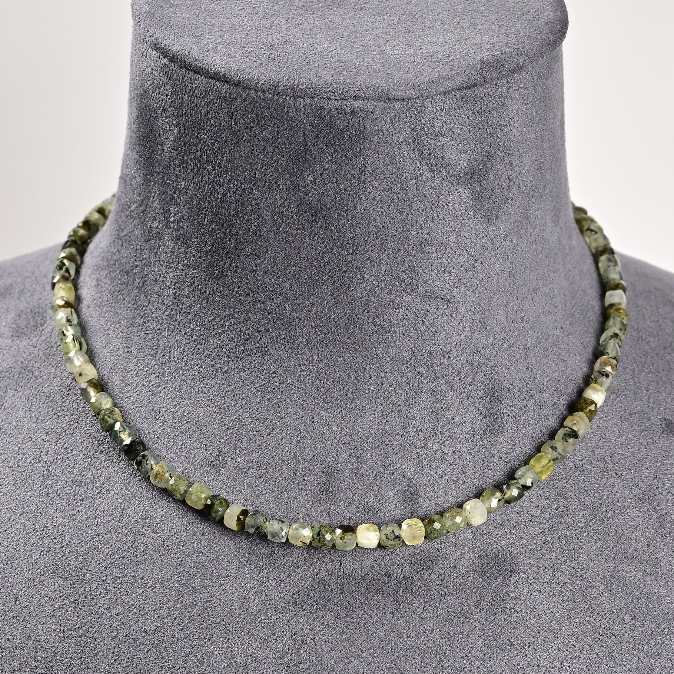 Natural Prehnite Faceted 4mm Barrel 16in Necklace with Sterling Silver Extender