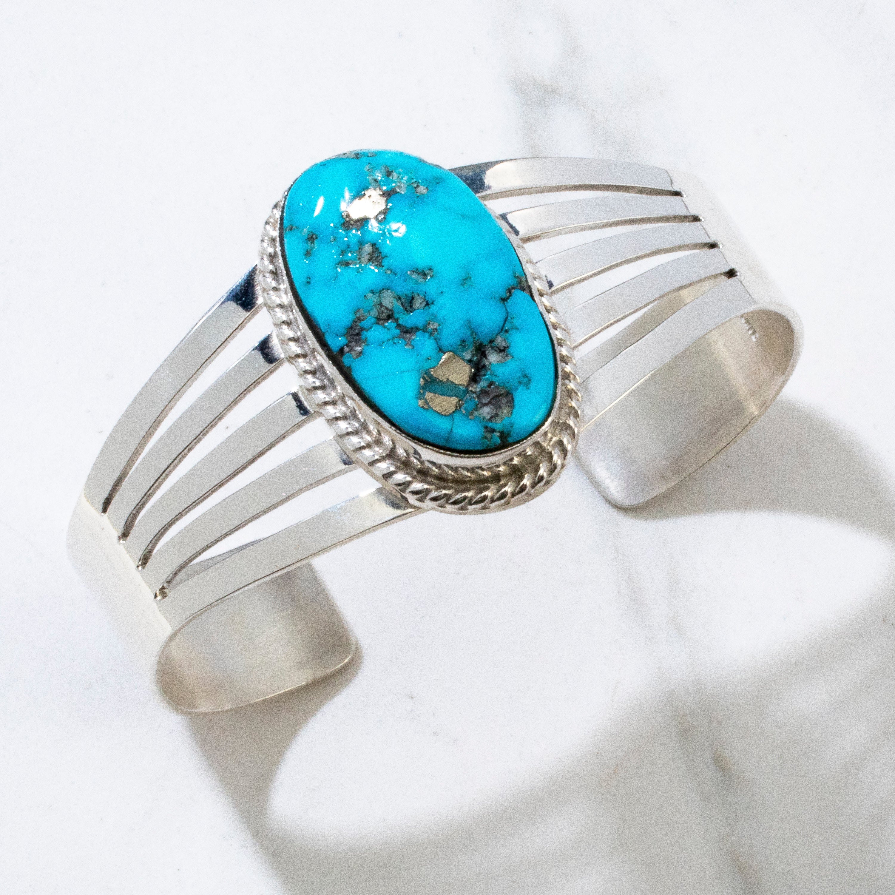 Kingman Turquoise with Pyrite Navajo USA Native American Made 925 Sterling Silver Cuff