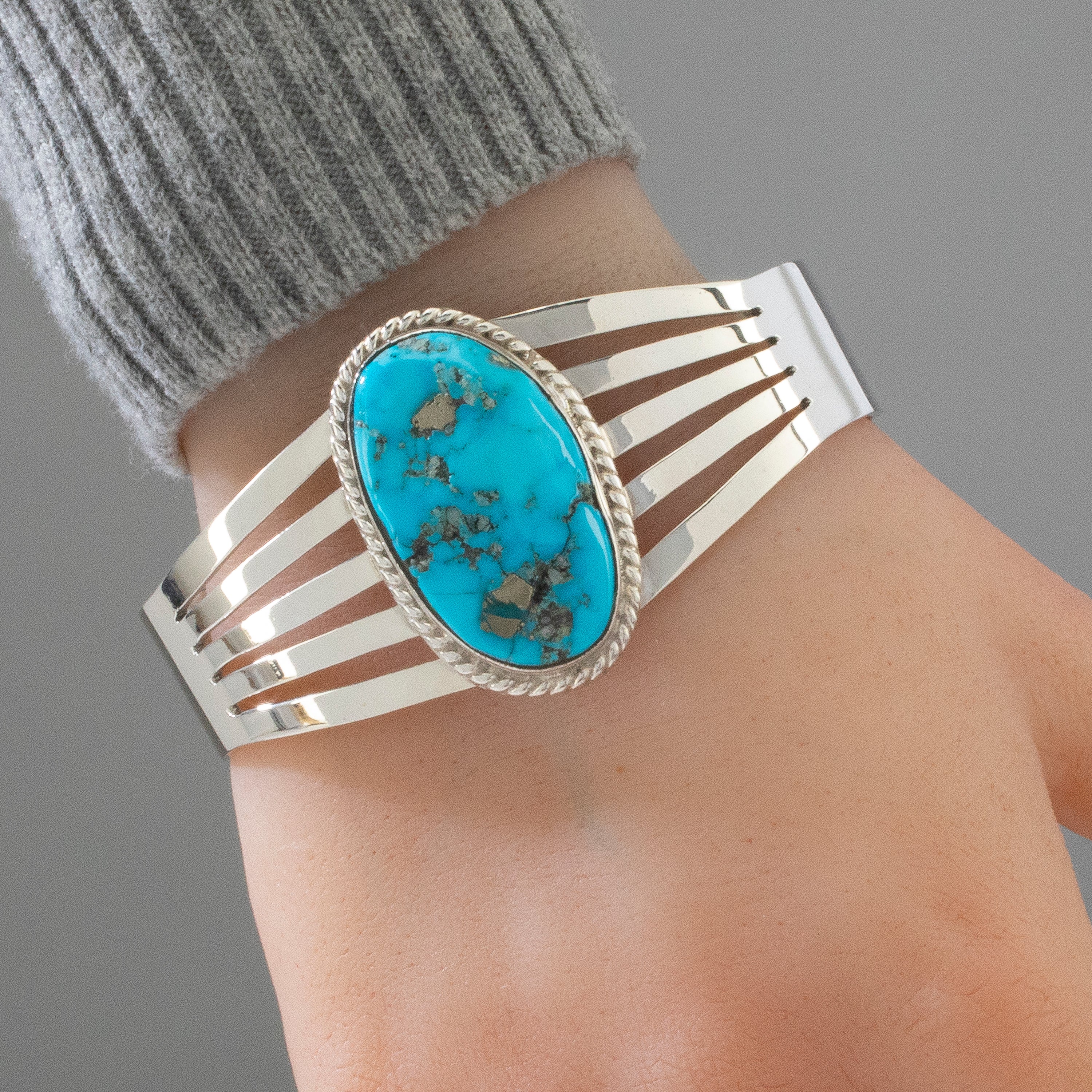 Kingman Turquoise with Pyrite Navajo USA Native American Made 925 Sterling Silver Cuff