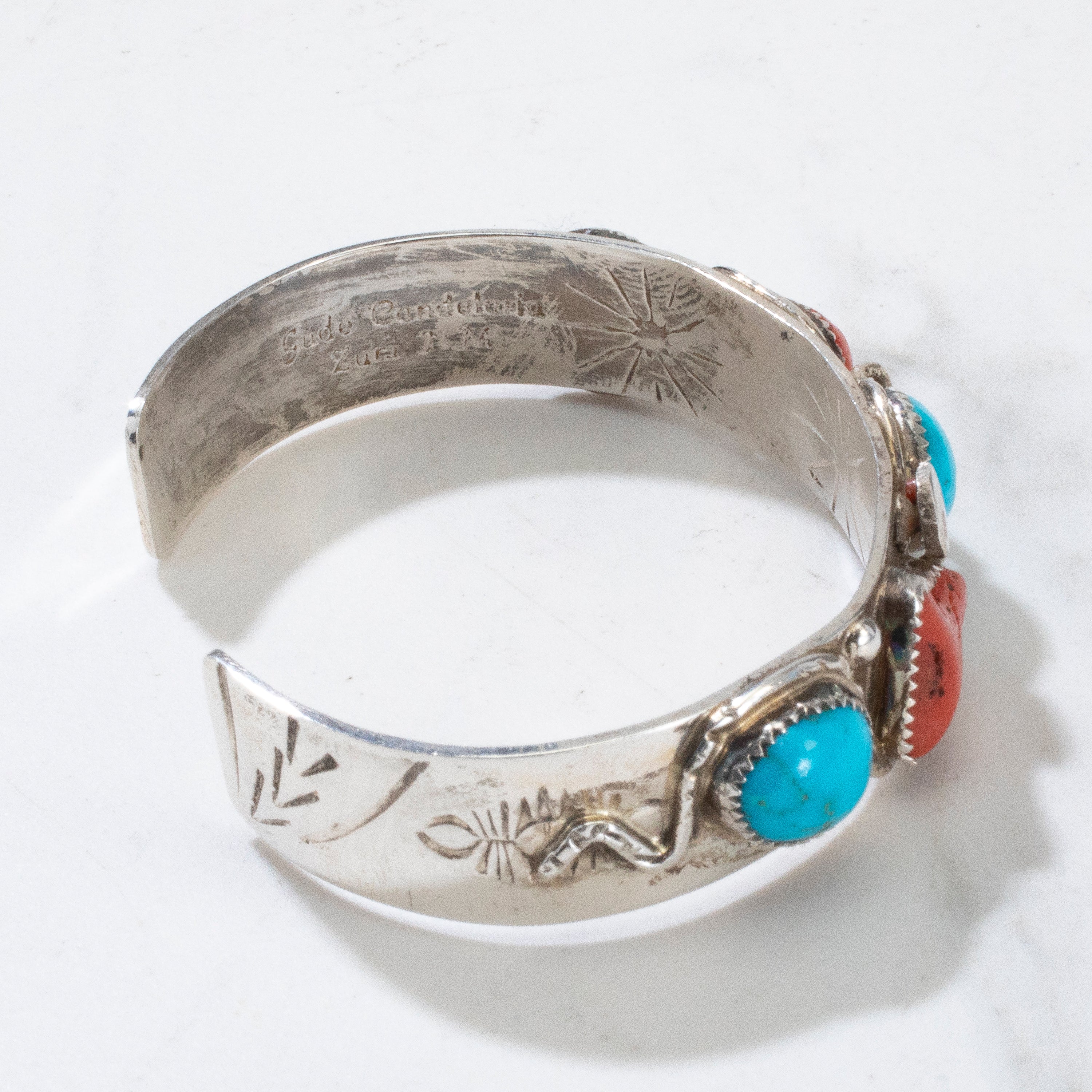 Jude Candeleria Kingman Turquoise & Coral Zuni Snake USA Native American Made 925 Sterling Silver Cuff