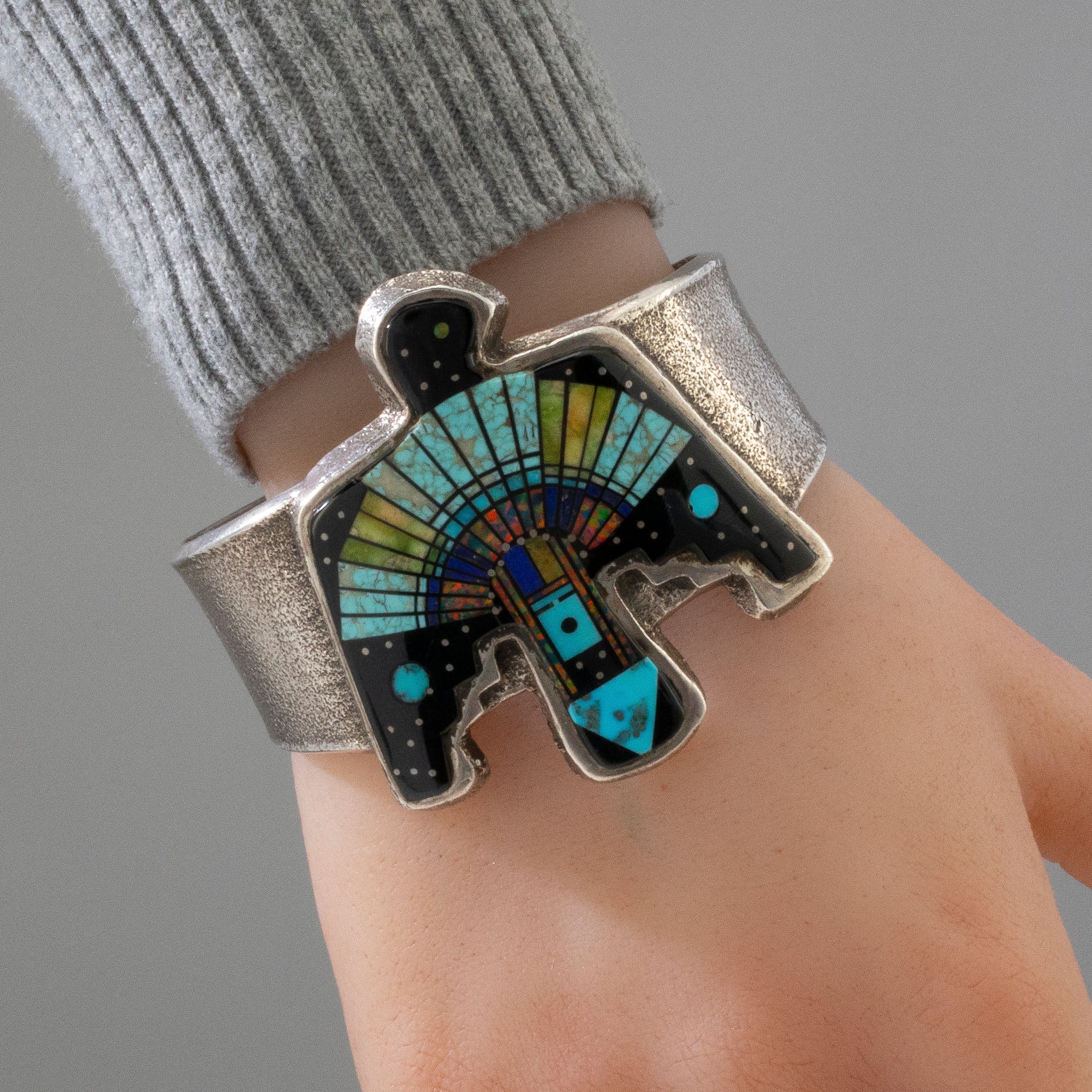 Lester James Navajo Multi Gemstone Bird Inlay USA Native American Made 925 Sterling Silver Cuff