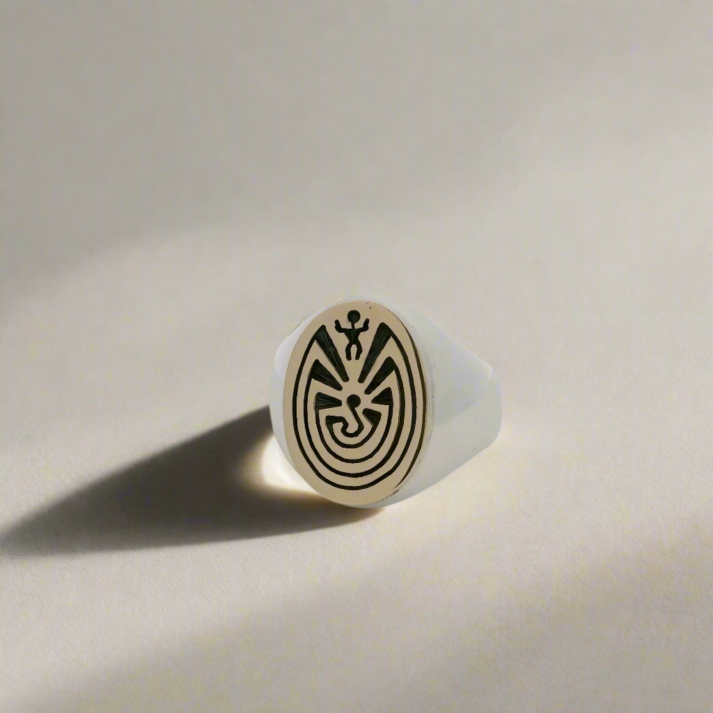 14K Gold Man in Maze Hopi USA Native American Made 925 Sterling Silver Ring