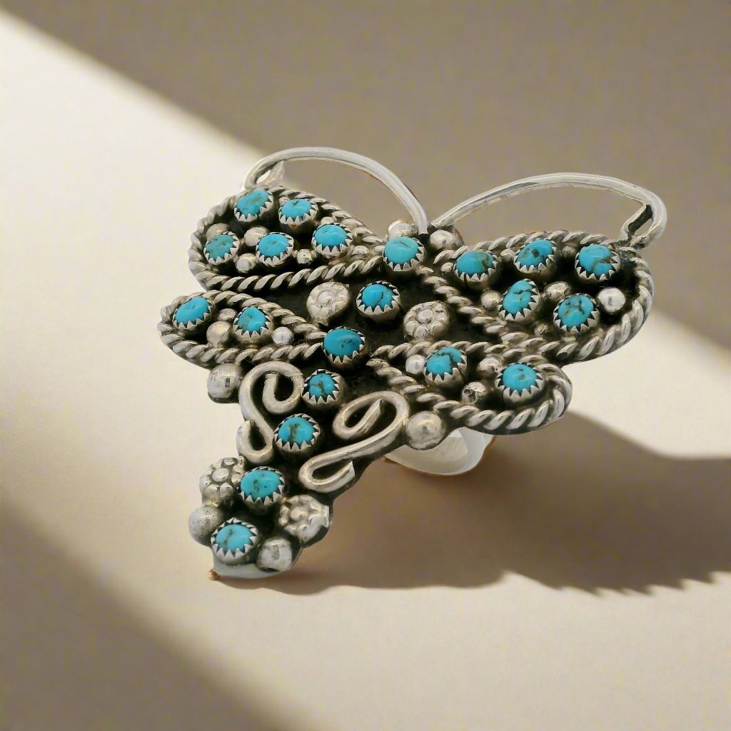 Brendan James Sleeping Beauty Turquoise Butterfly Navajo USA Native American Made 925 Sterling Silver Adjustable Ring