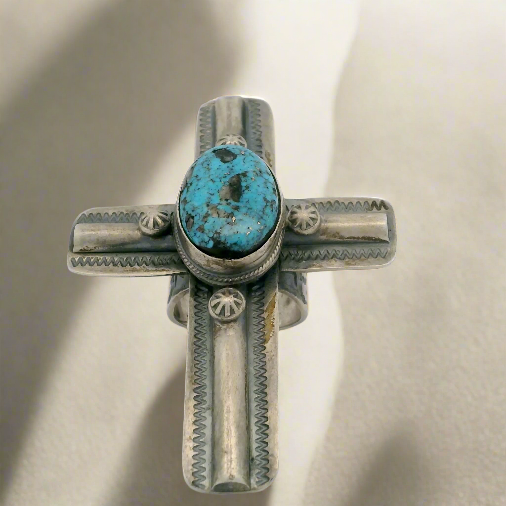 Sandra Nez Kingman Turquoise Cross Navajo USA Native American Made 925 Sterling Silver Ring