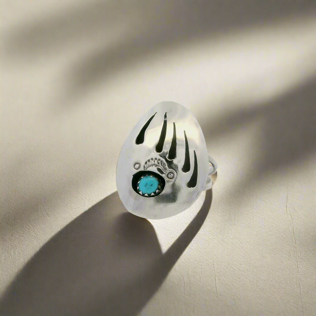 Charley Chester Kingman Turquoise Bear Paw Navajo USA Native American Made 925 Sterling Silver Ring