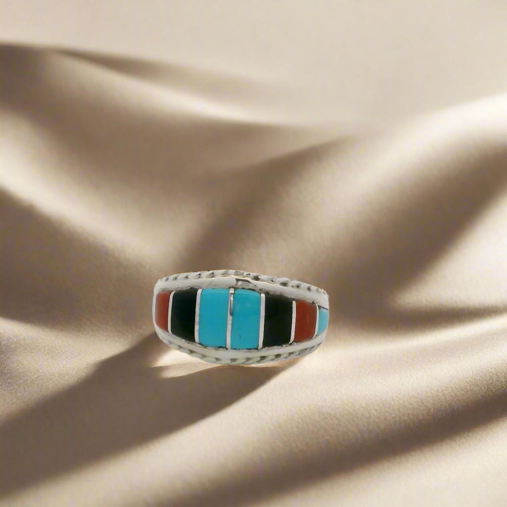 Mira Payesnta Turquoise, Coral, and Black Onyx Zuni USA Native American Made 925 Sterling Silver Ring