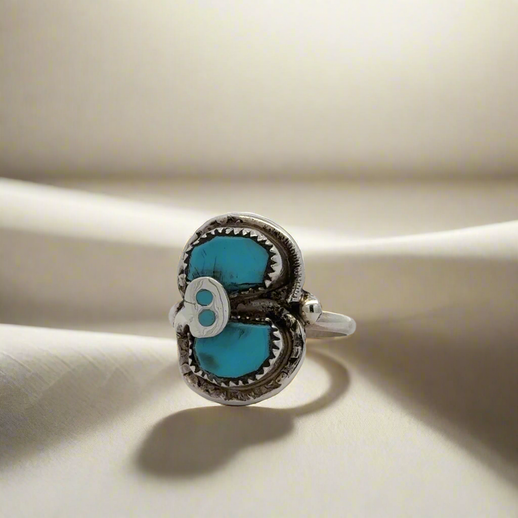 Effie Calavaza Kingman Turquoise Snake Zuni USA Native American Made 925 Sterling Silver Ring