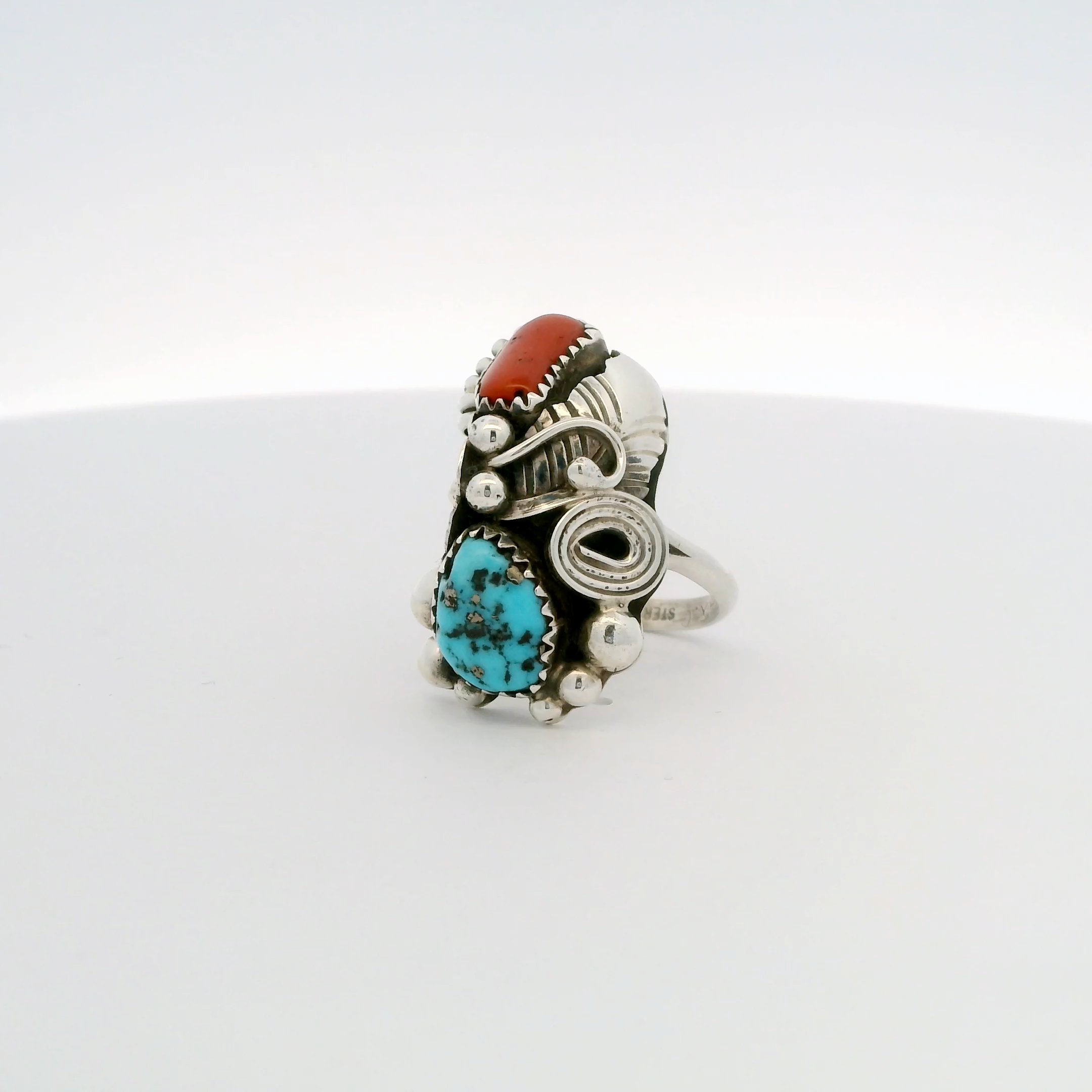 Caroline Nez Coral & Turquoise Navajo USA Native American Made 925 Sterling Silver Ring