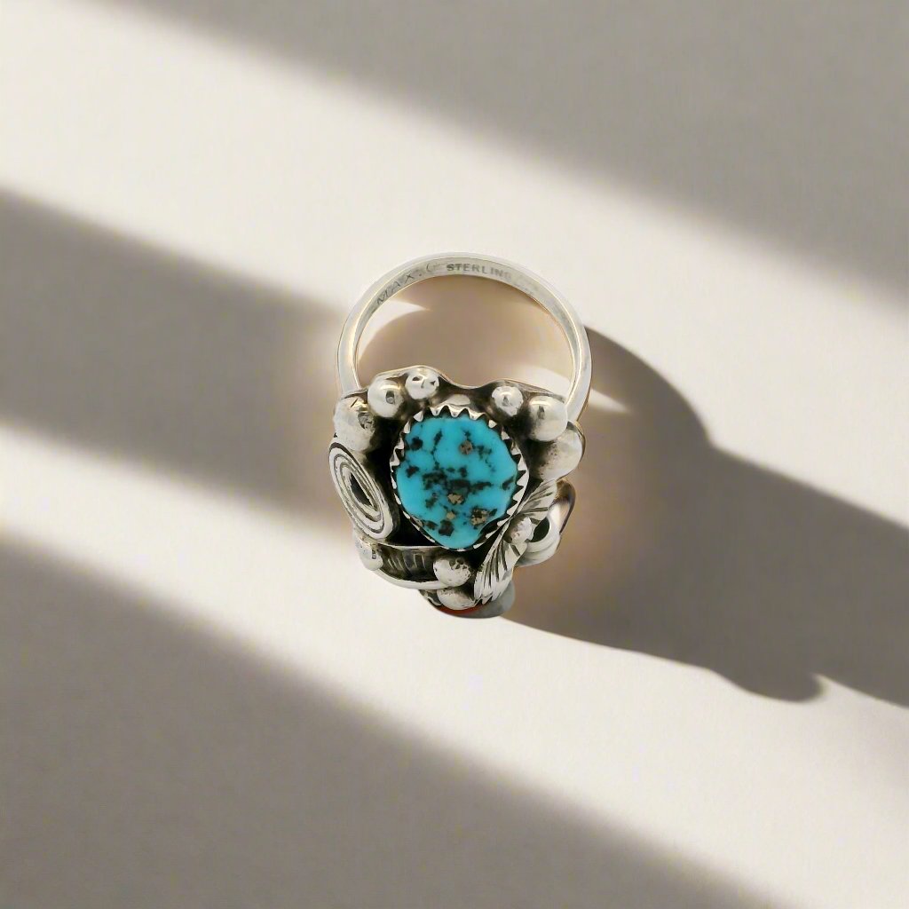 Caroline Nez Coral & Turquoise Navajo USA Native American Made 925 Sterling Silver Ring