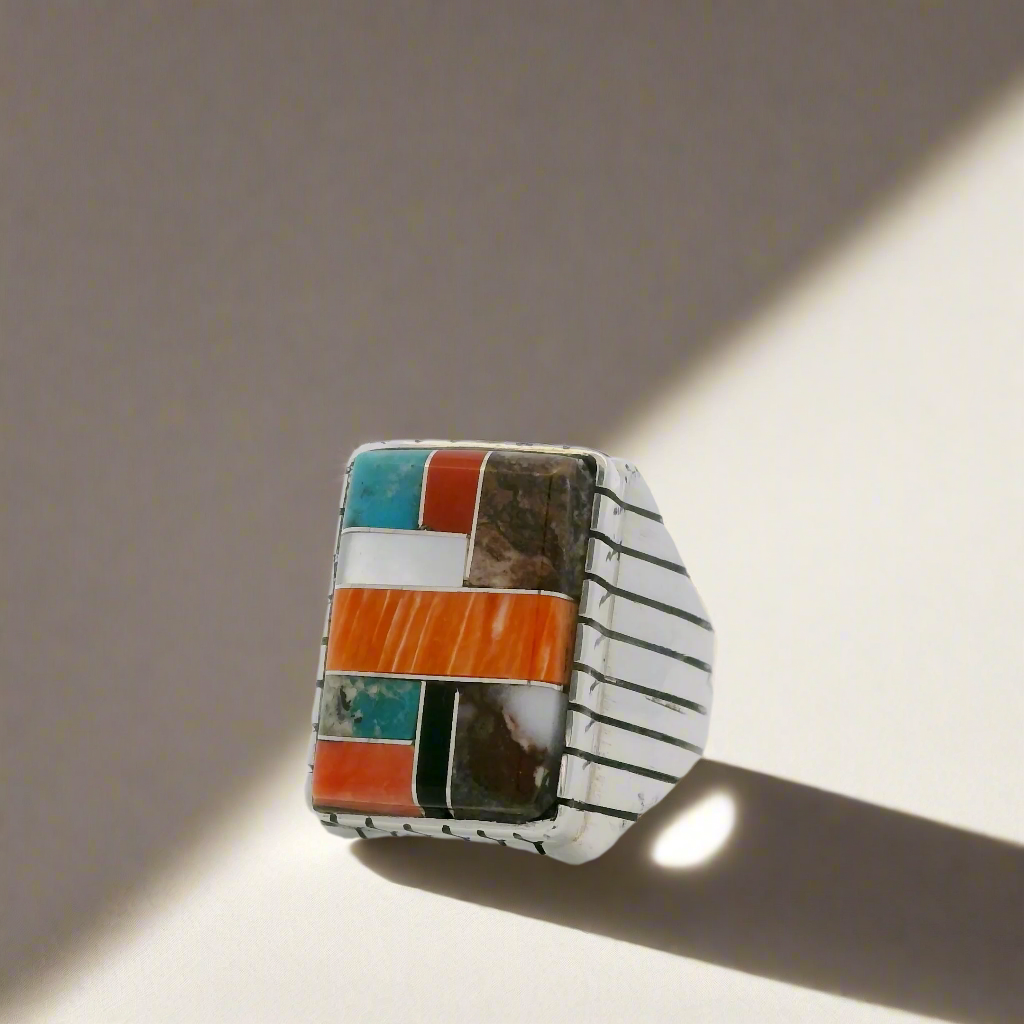 Trevor Jack Multi Gem Rectangular Navajo USA Native American Made 925 Sterling Silver Ring