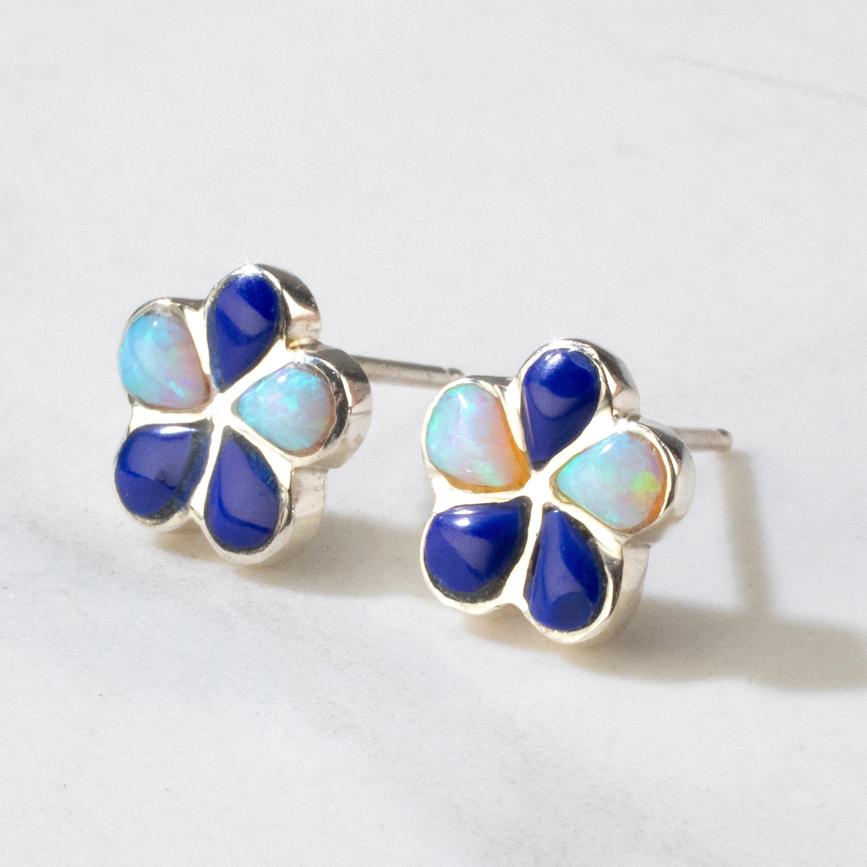 Lapis & Opal Accent Flower USA Handmade 925 Sterling Silver Earring with Stud Backing