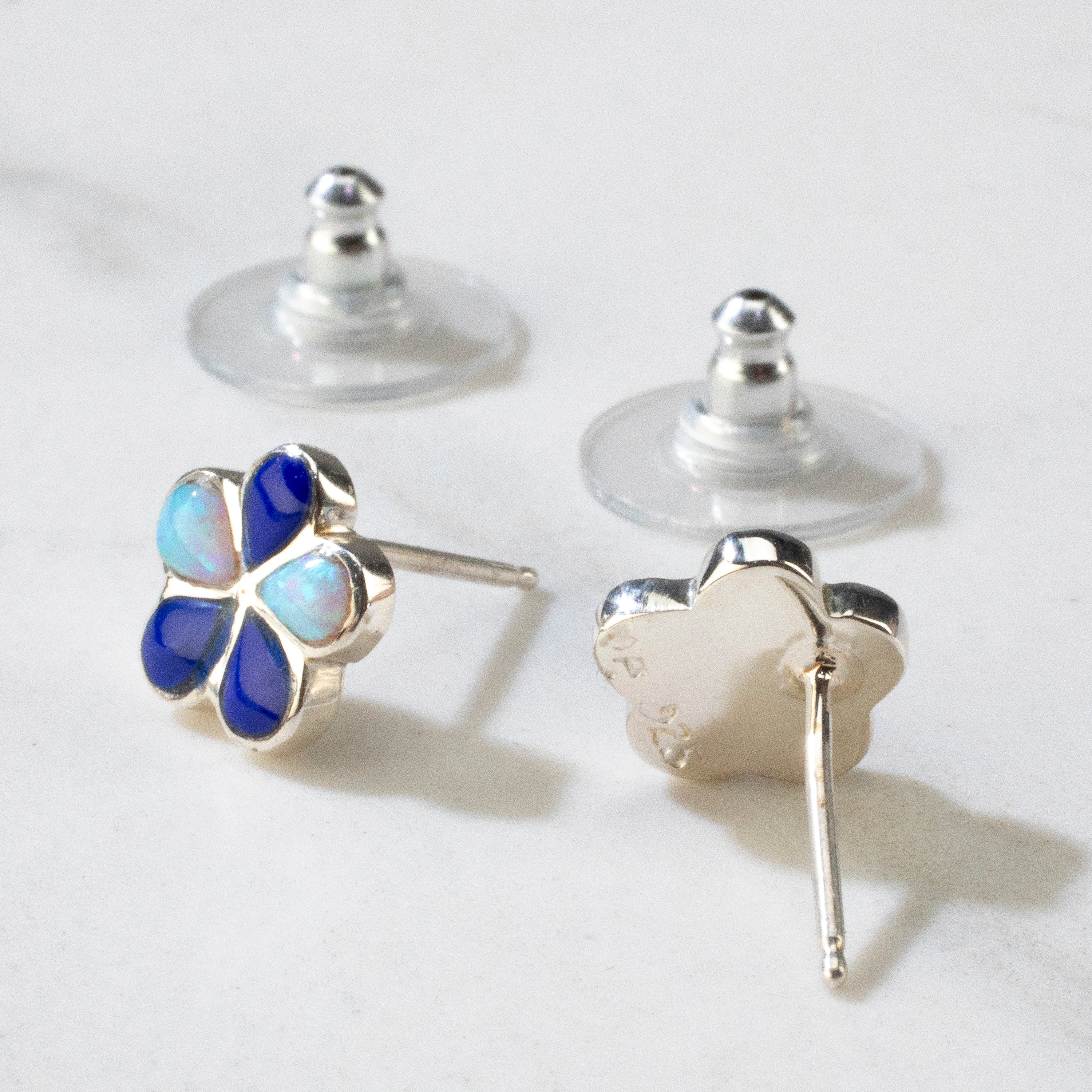 Lapis & Opal Accent Flower USA Handmade 925 Sterling Silver Earring with Stud Backing