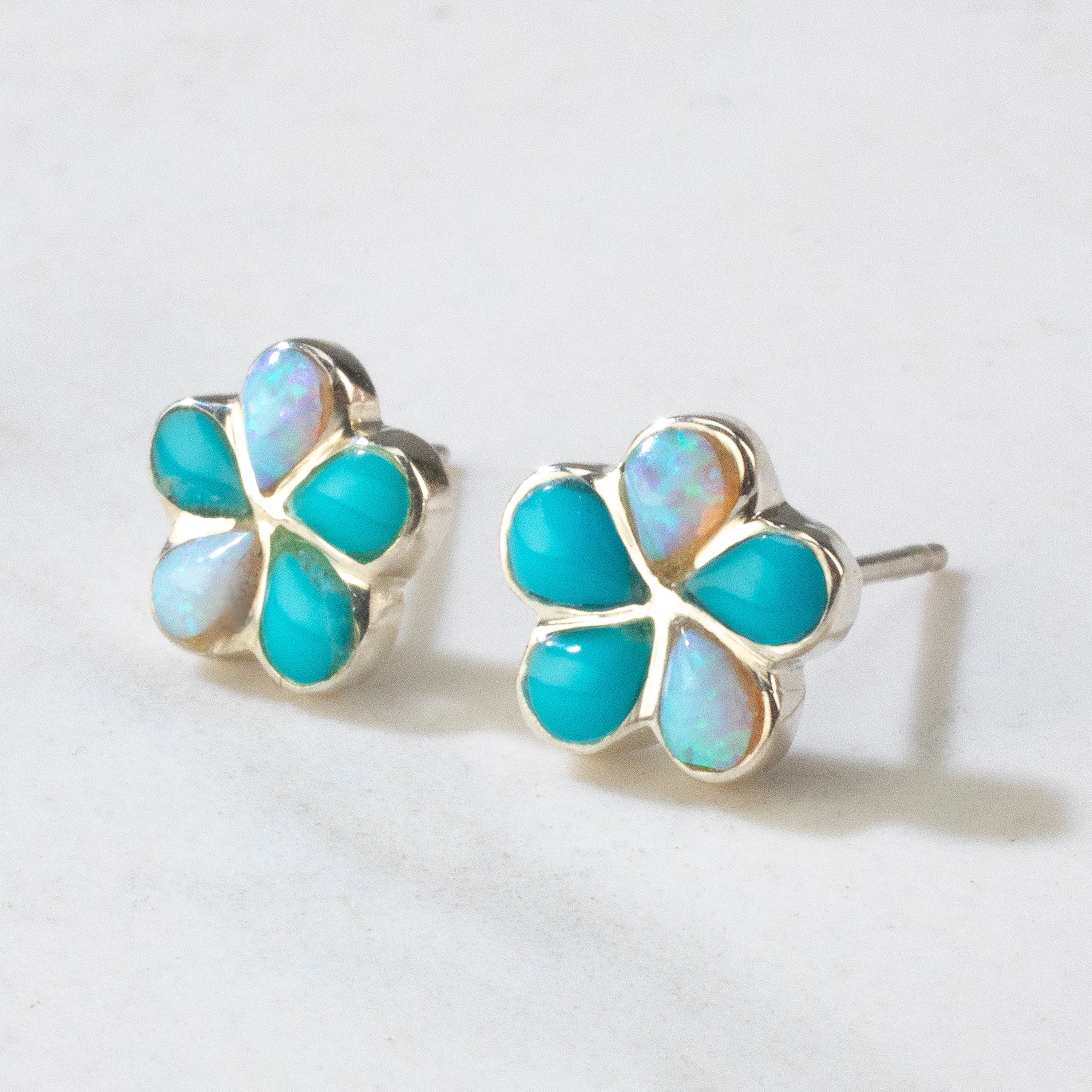 Turquoise & Opal Flower USA Handmade 925 Sterling Silver Earring with Stud Backing