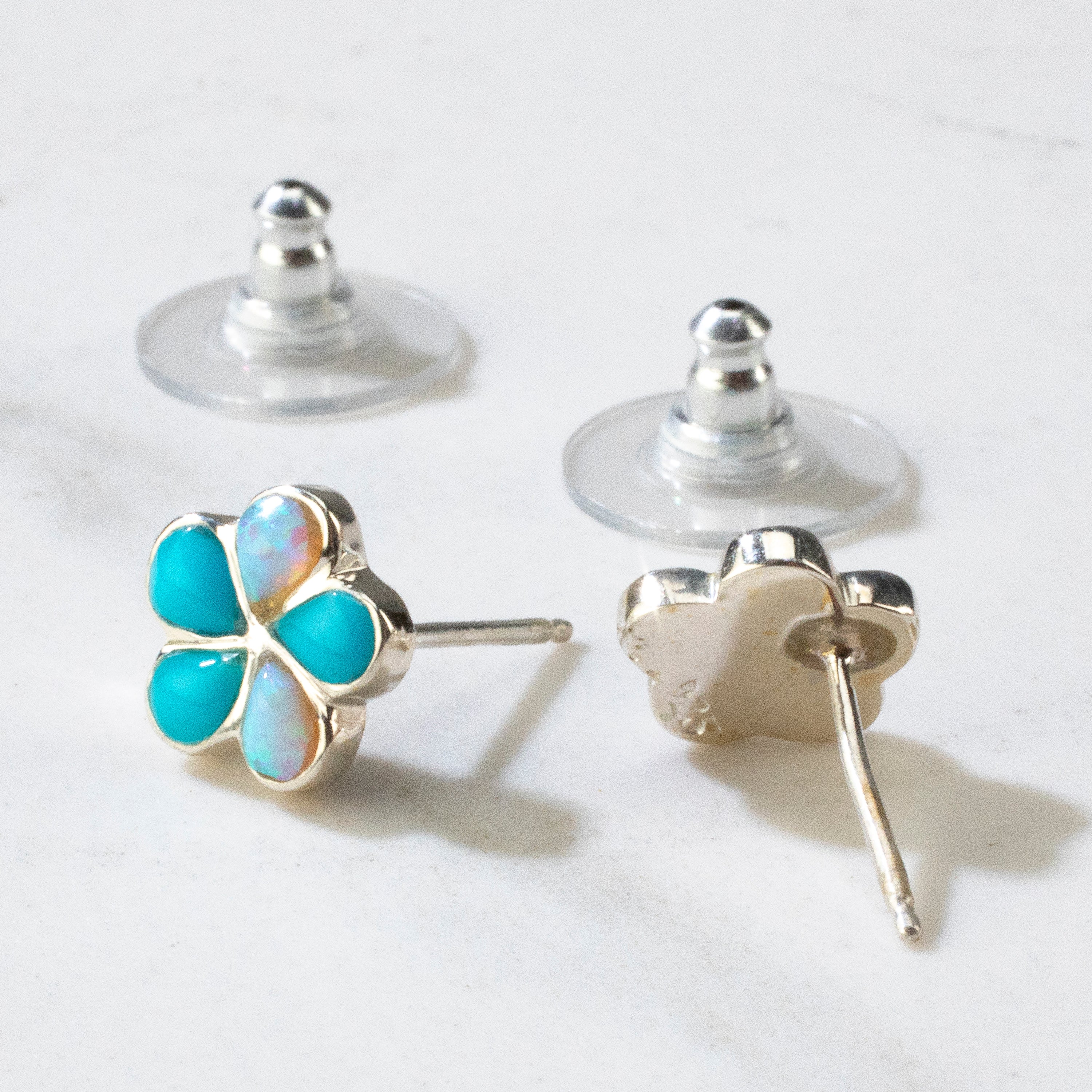 Turquoise & Opal Flower USA Handmade 925 Sterling Silver Earring with Stud Backing