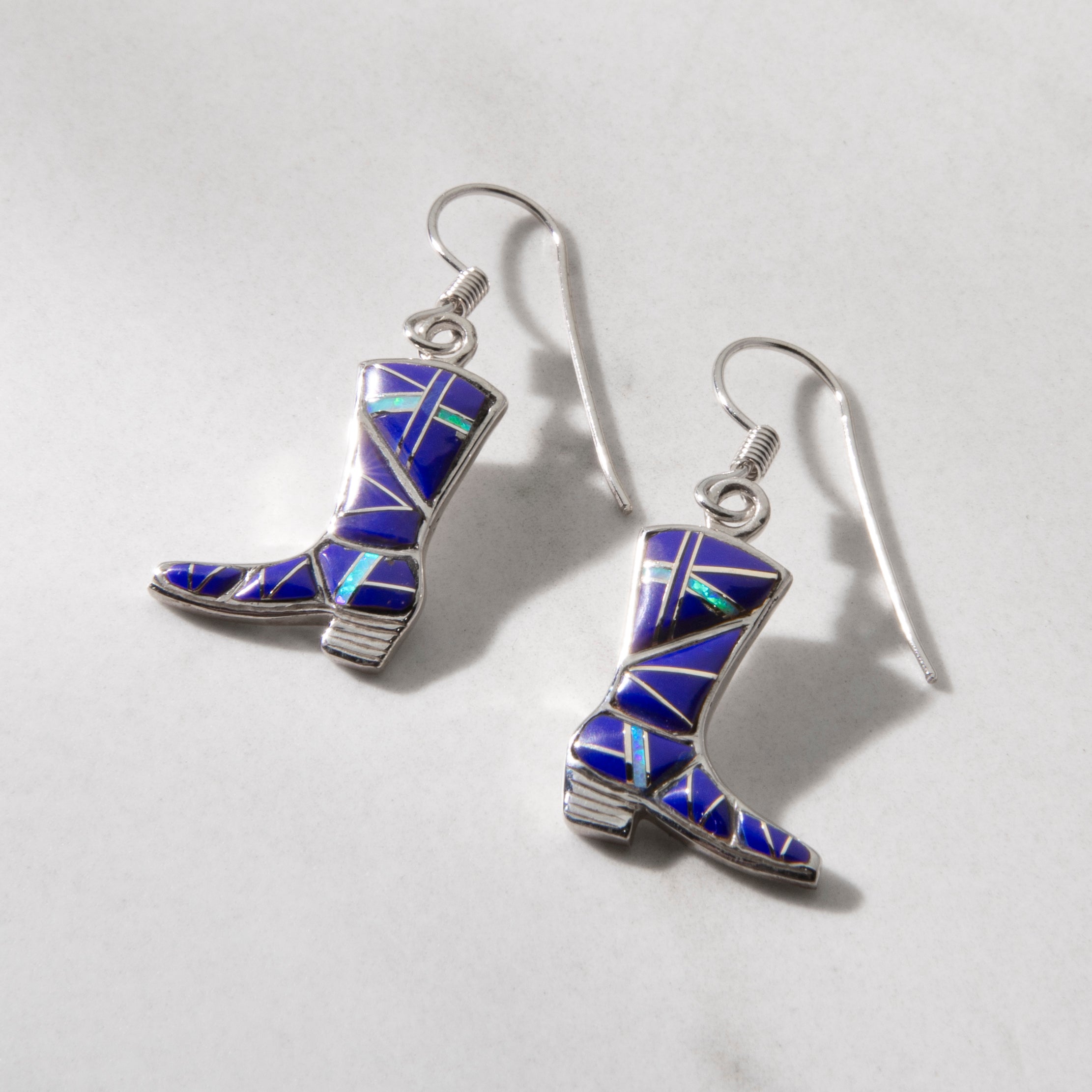 Lapis Boot 925 Sterling Silver Earring with French Hook USA Handmade with Opal Accent