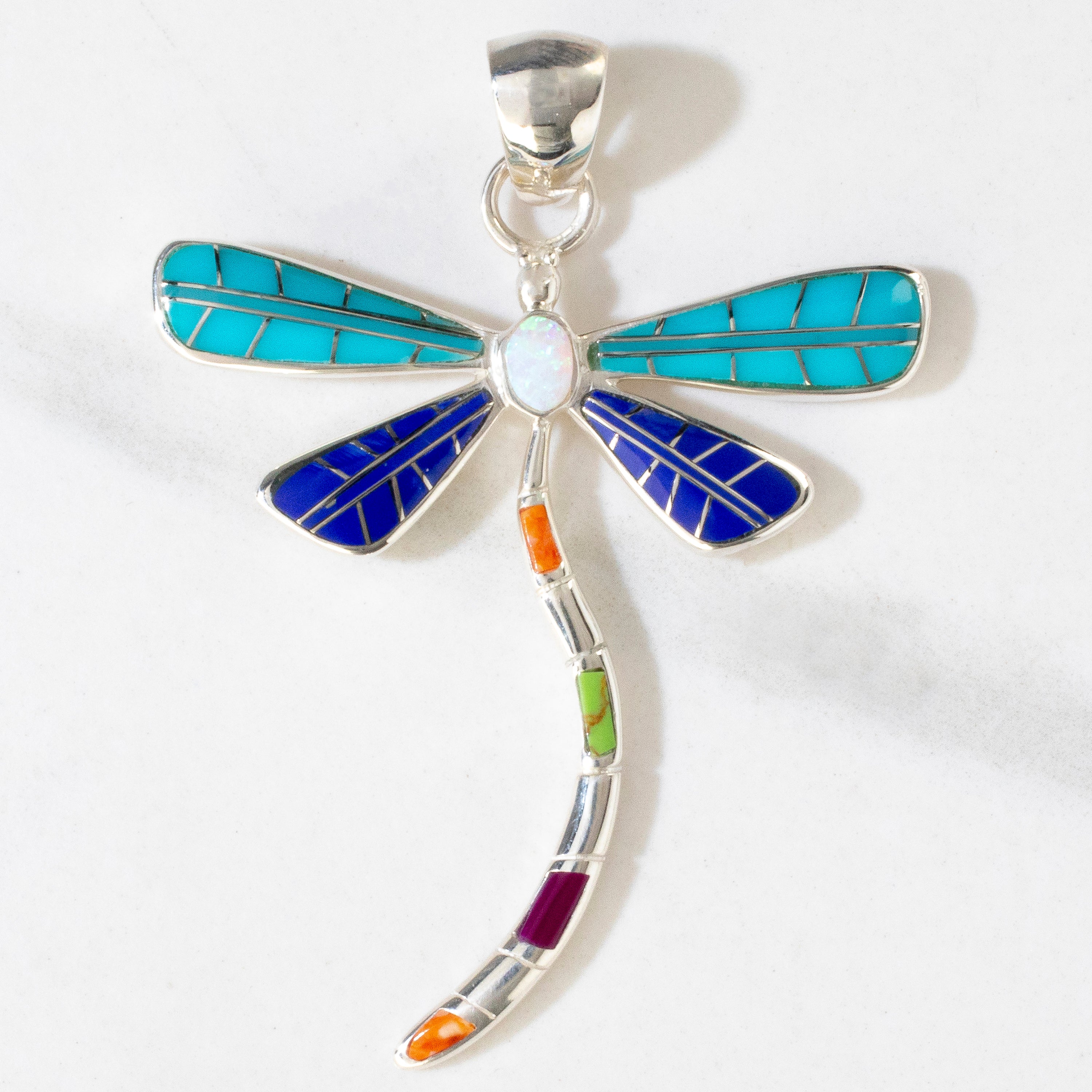 Multi Gem Dragonfly 925 Sterling Silver Pendant USA Handmade with Aqua Opal Accent