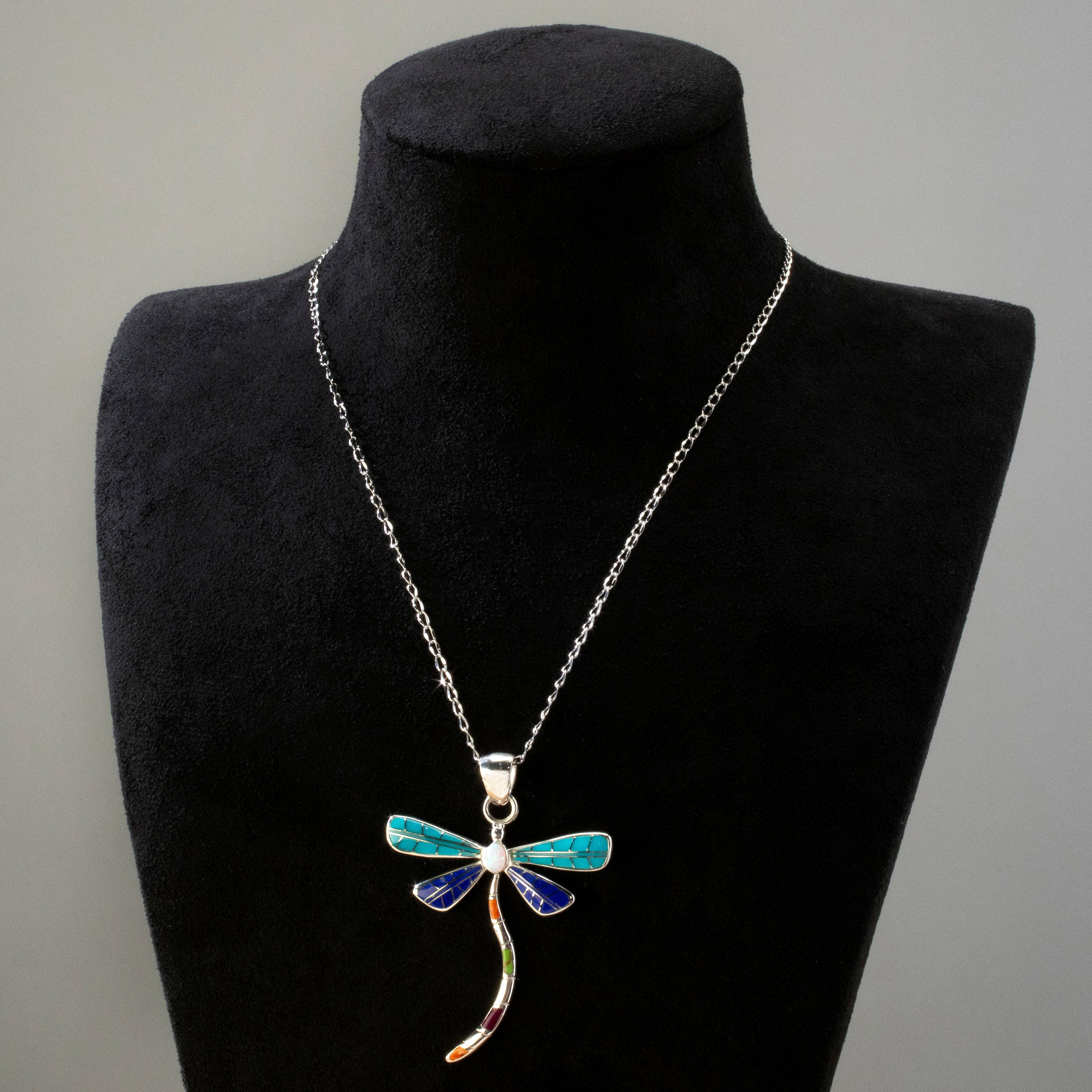 Multi Gem Dragonfly 925 Sterling Silver Pendant USA Handmade with Aqua Opal Accent