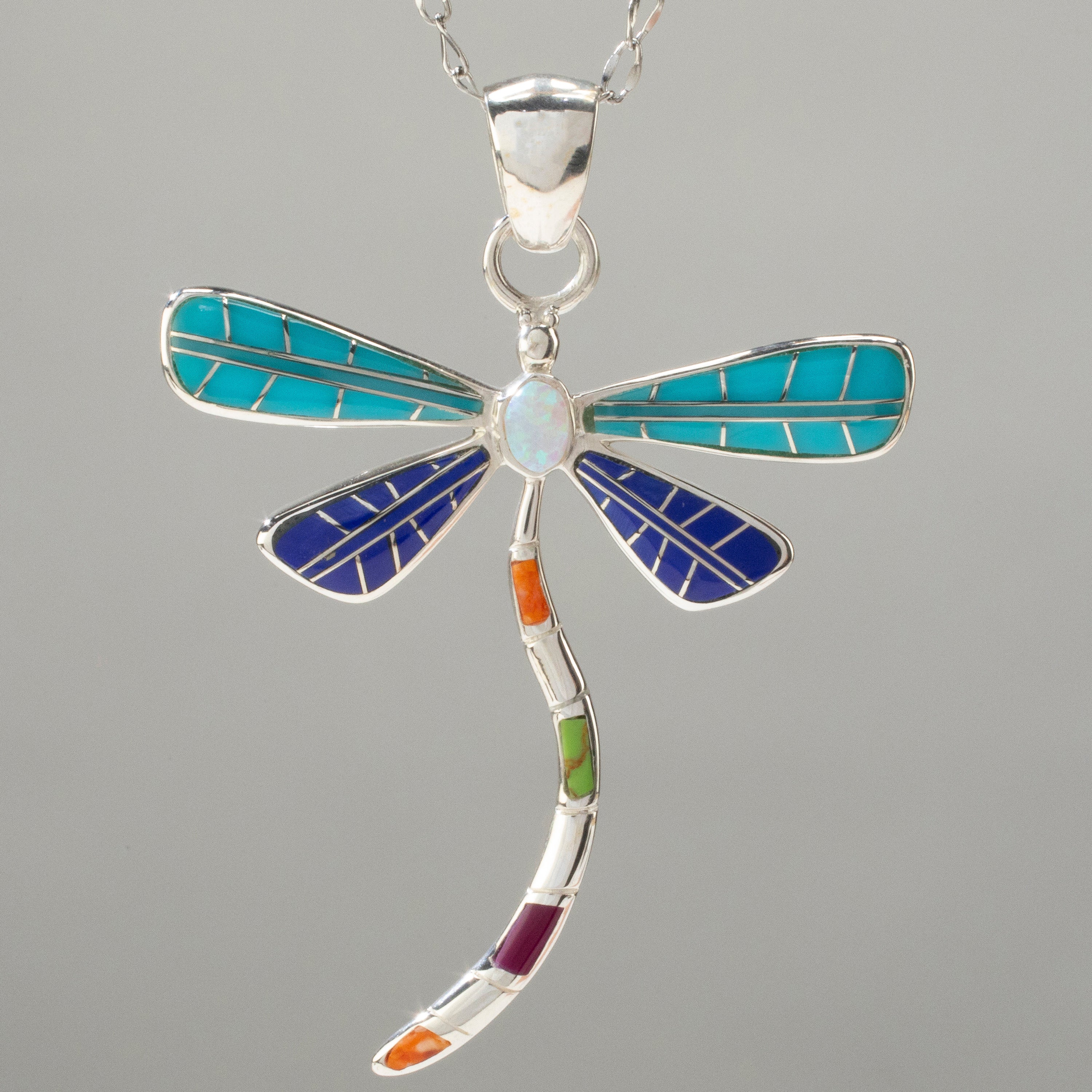 Multi Gem Dragonfly 925 Sterling Silver Pendant USA Handmade with Aqua Opal Accent