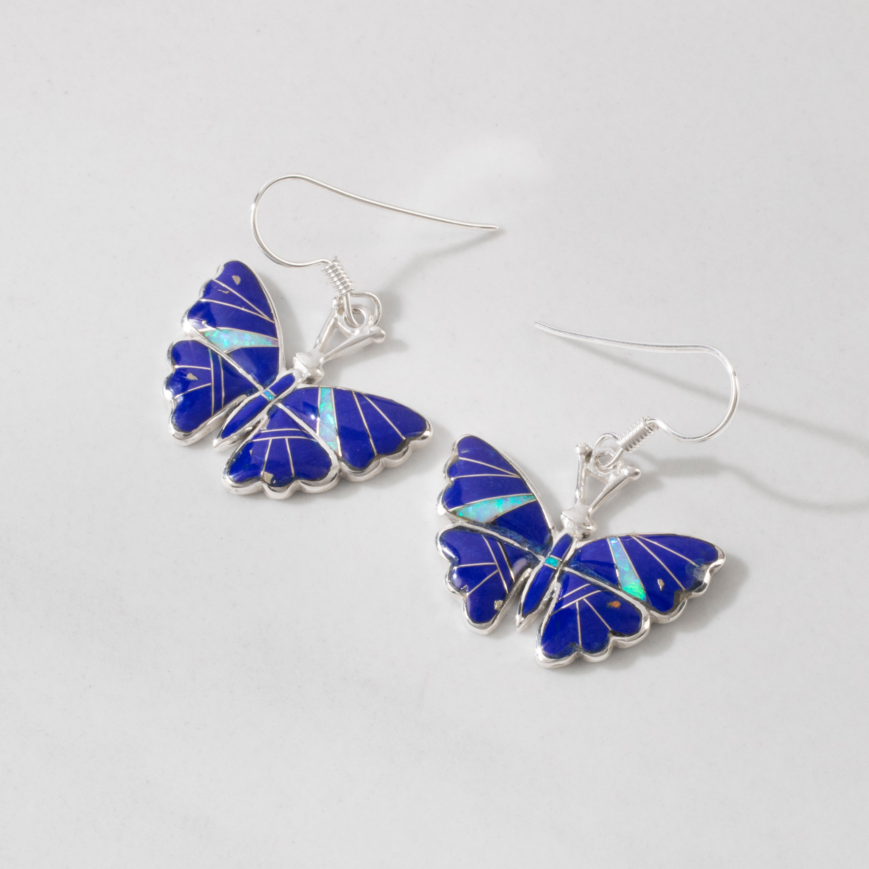 Lapis Butterfly Sterling Silver Earrings with French Hook USA Handmade with Opal Accent