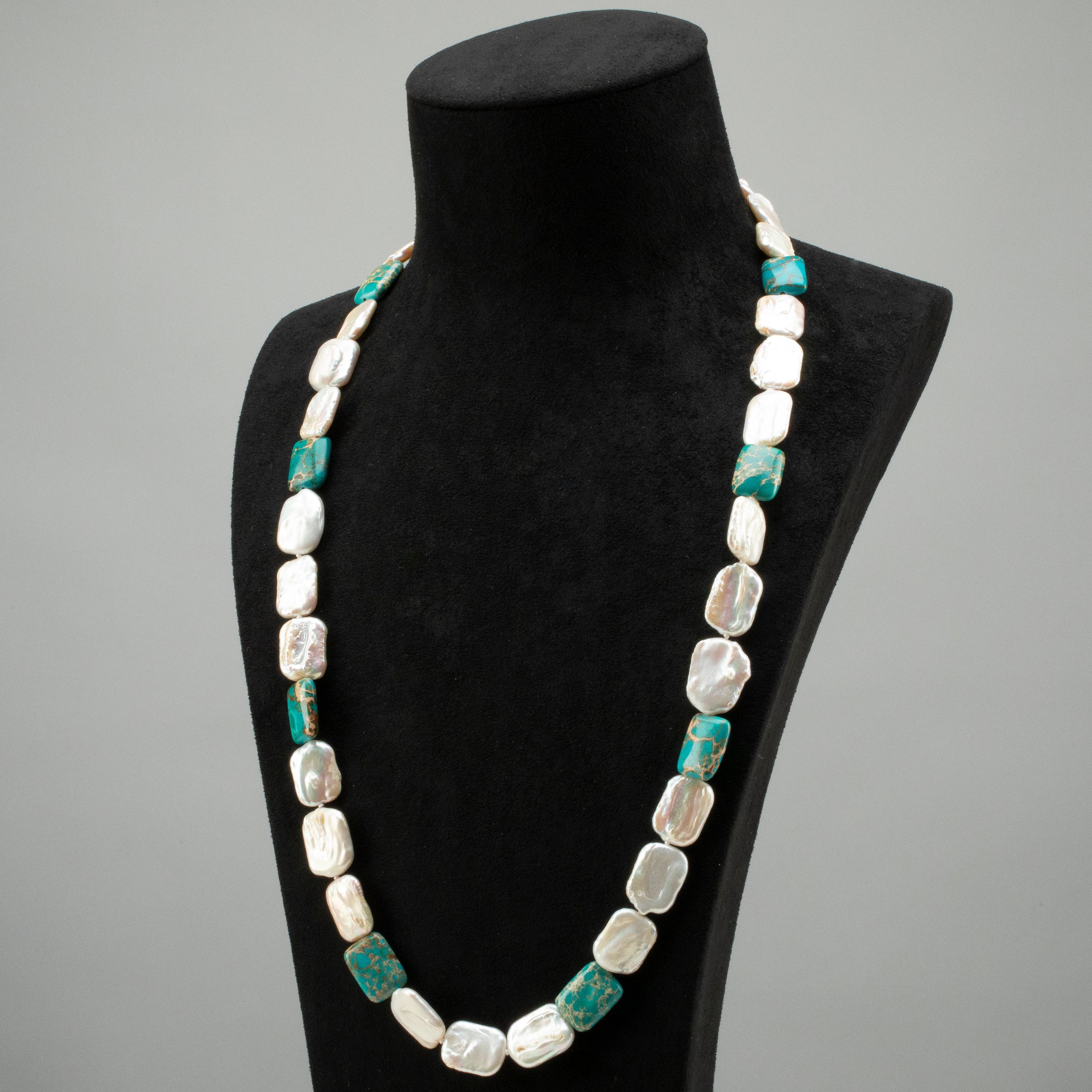 Coin Square Freshwater Pearl & Howlite Turquoise Necklace - 29"