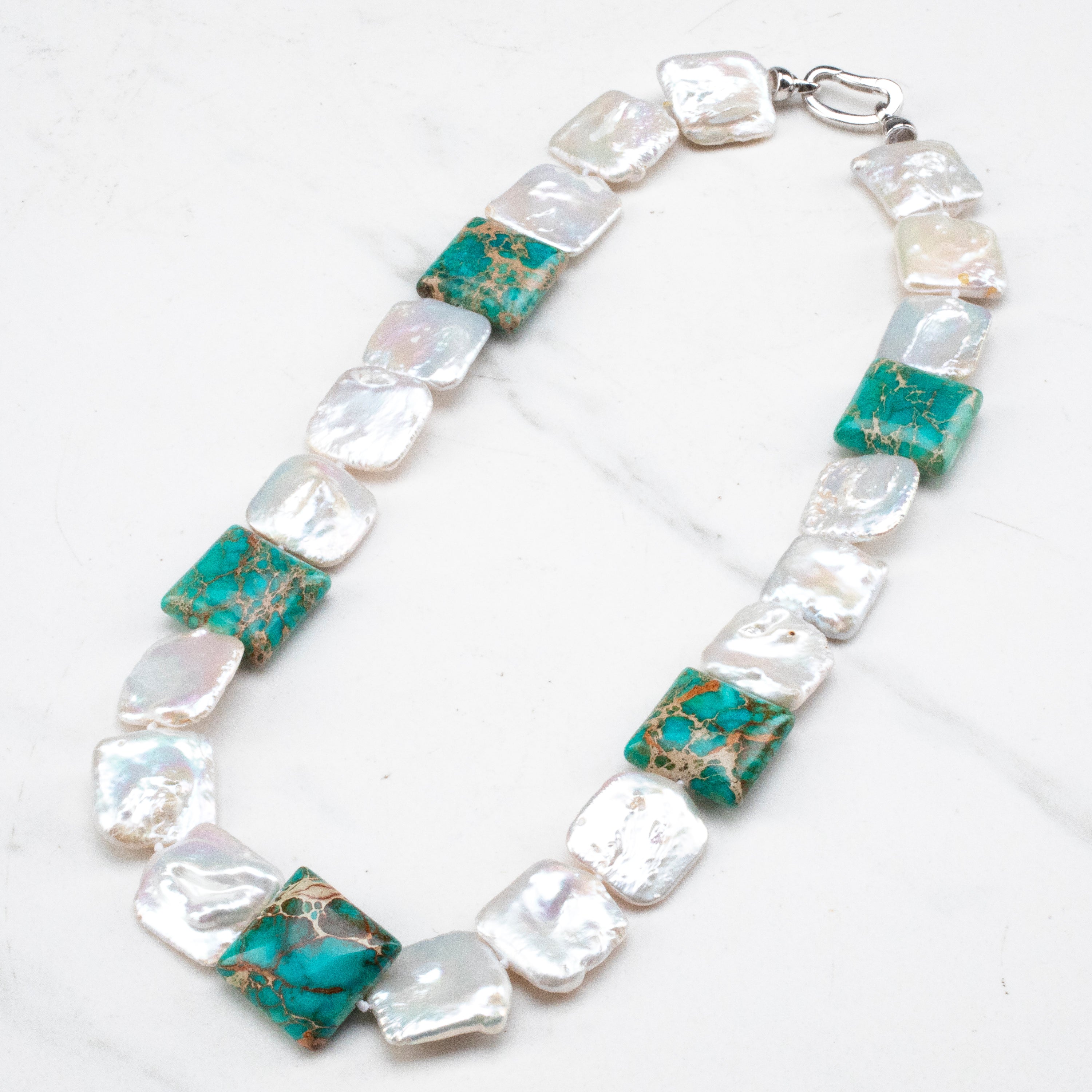 Coin Square Freshwater Pearl & Howlite Turquoise Necklace - 20"