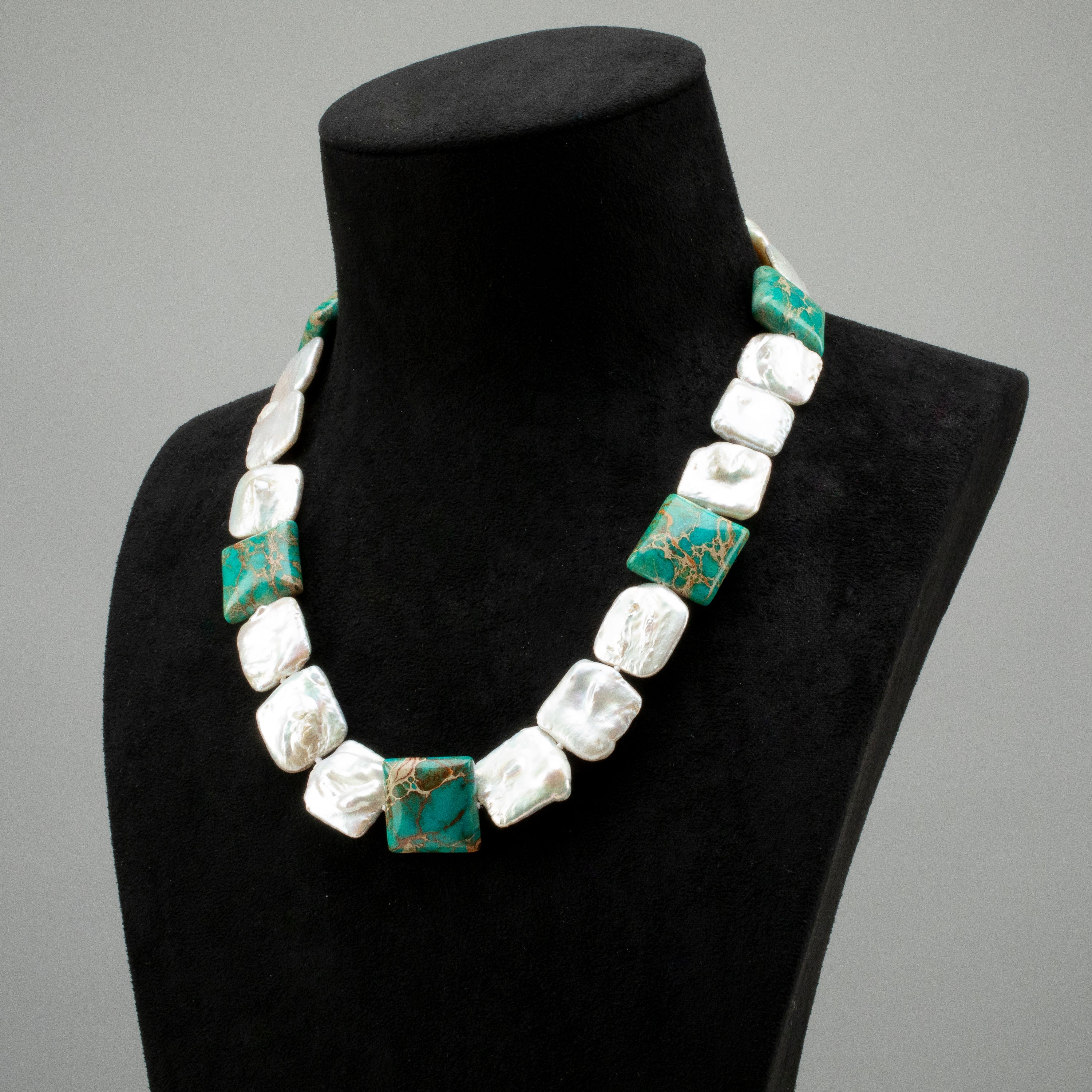 Coin Square Freshwater Pearl & Howlite Turquoise Necklace - 20"