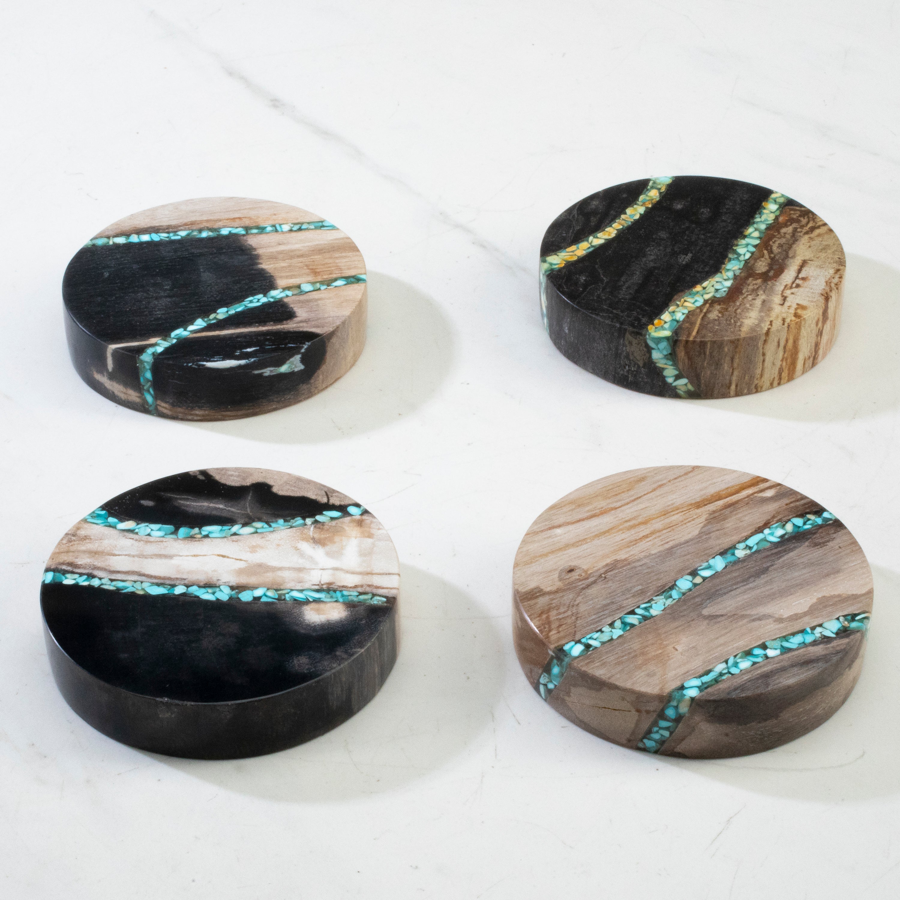 3.5" Set of Four Black Small Petrified Wood Coasters with Turquoise Inlay
