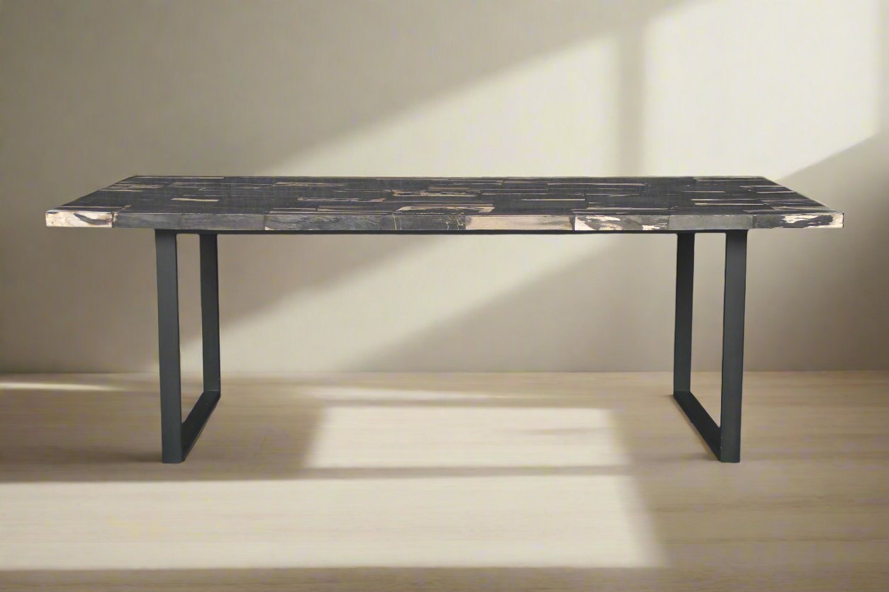 Black Mosaic Petrified Wood Dining Table 87"