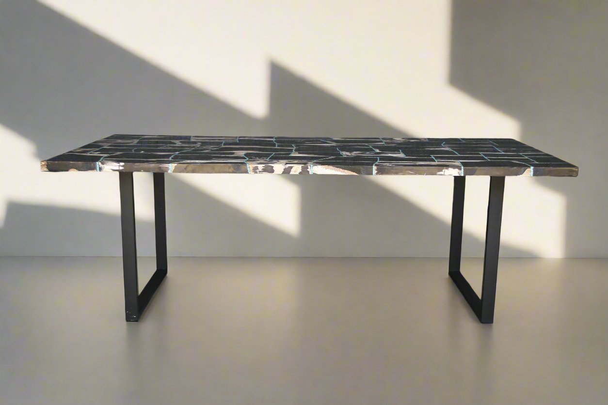 Black Mosaic Petrified Wood Dining Table 87"