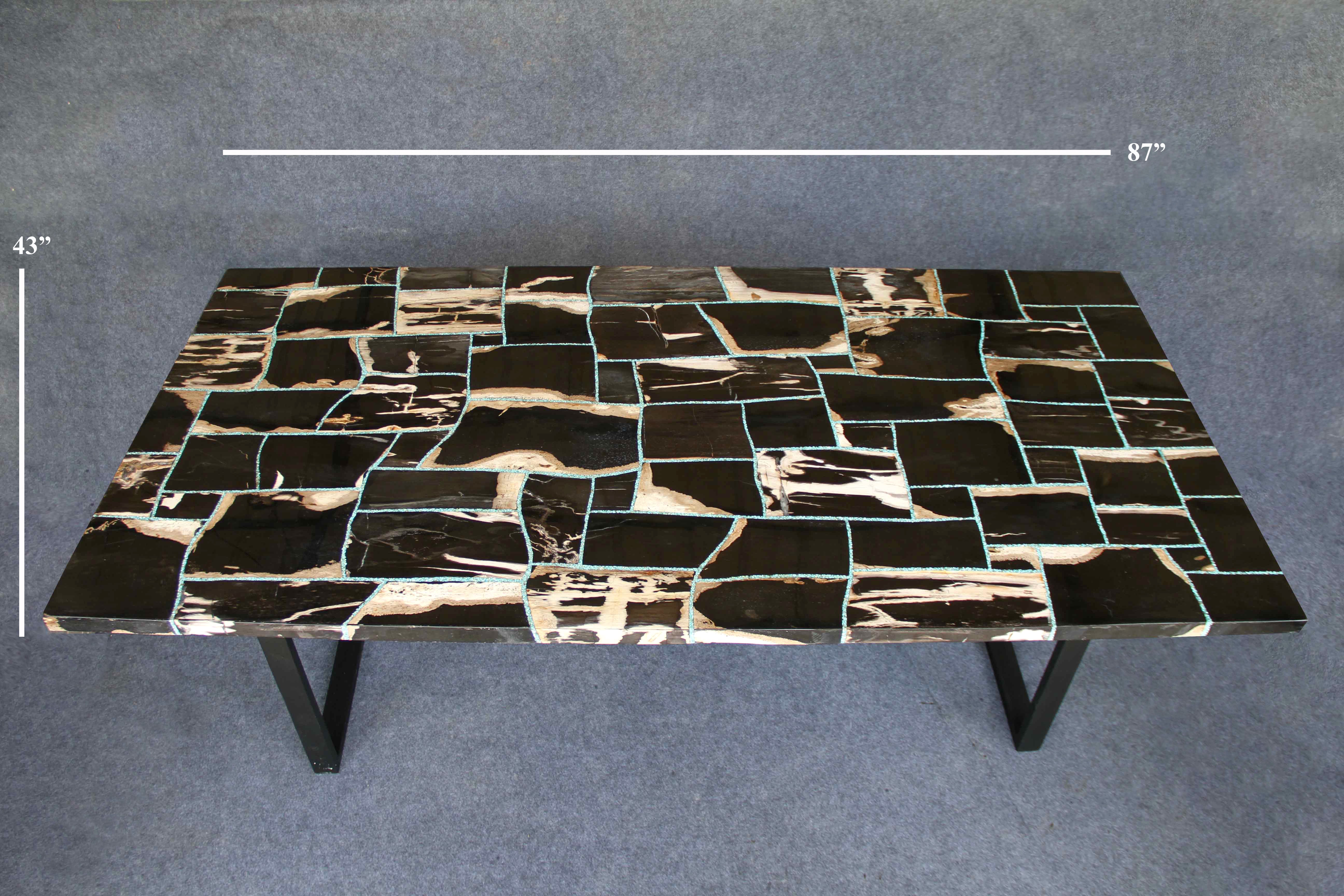 Black Mosaic Petrified Wood Dining Table 87"