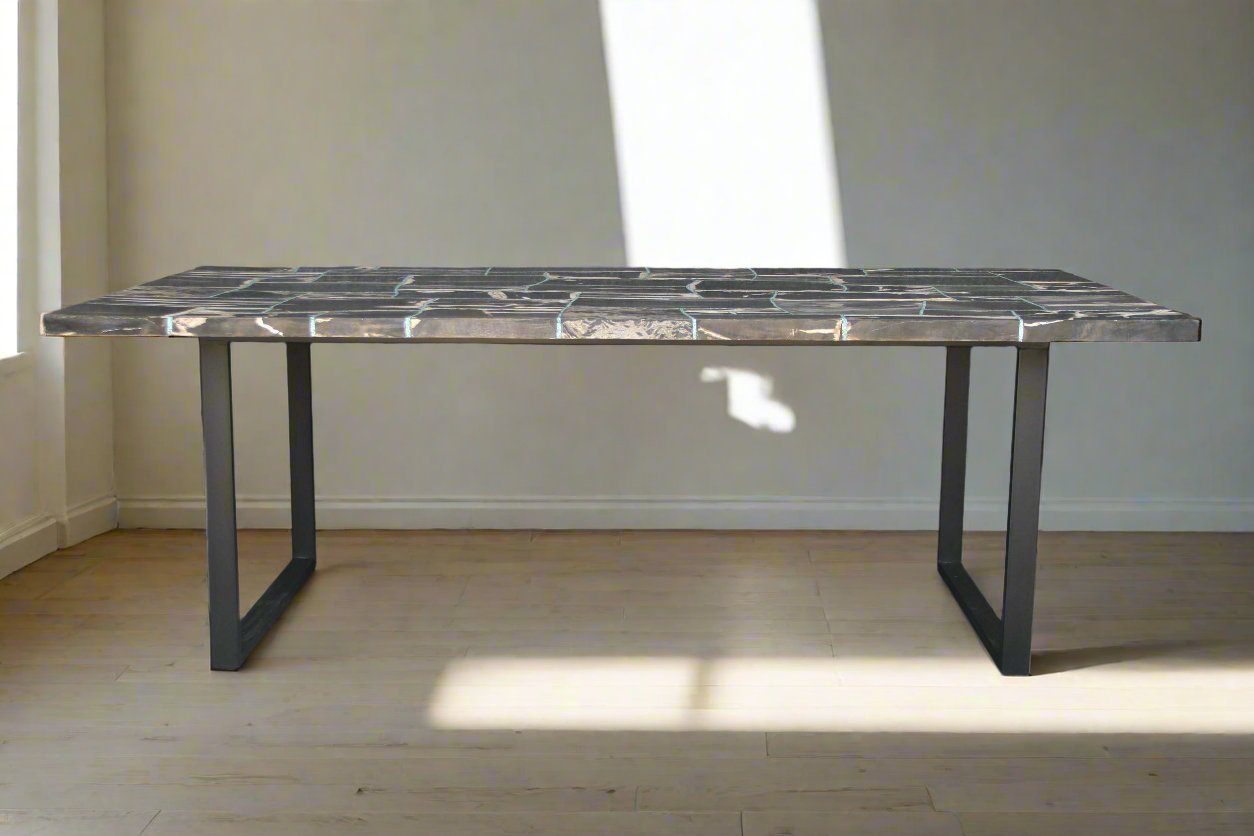 Black Mosaic Petrified Wood Dining Table 87"