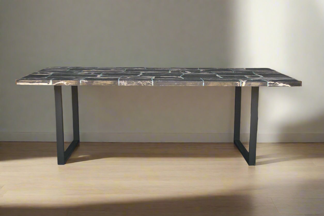 Black Mosaic Petrified Wood Dining Table 87"