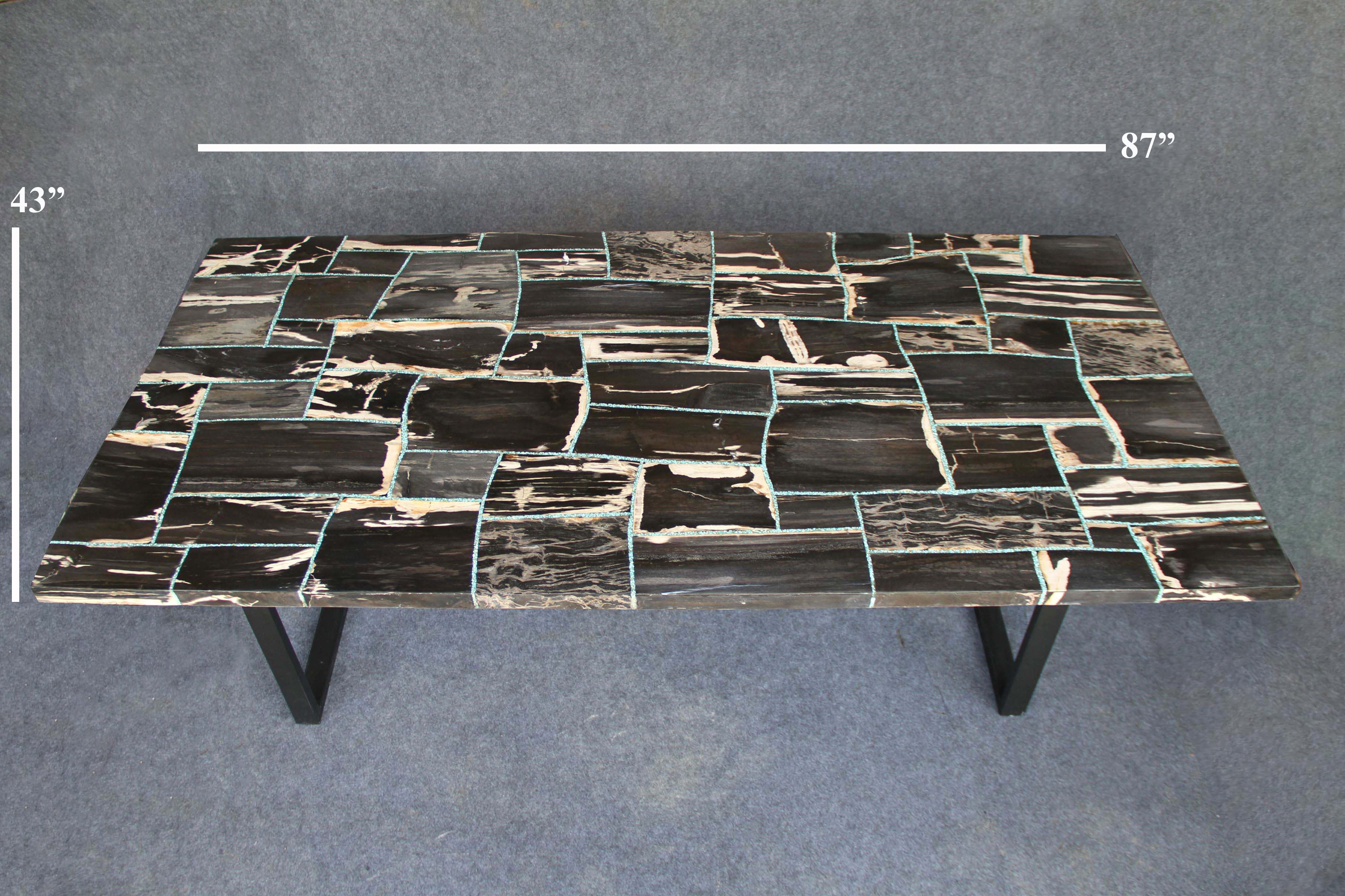 Black Mosaic Petrified Wood Dining Table 87"