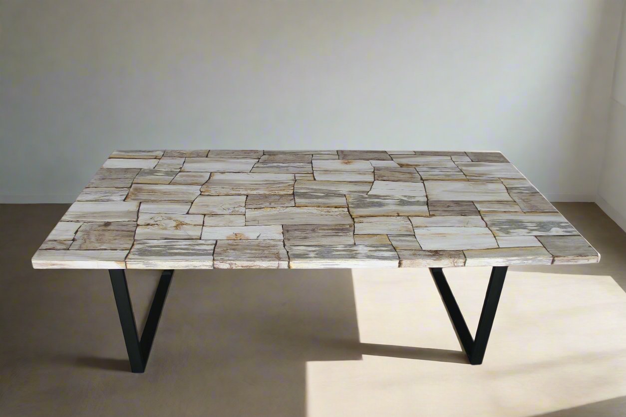 Brown Mosaic Petrified Wood Dining Table 87"