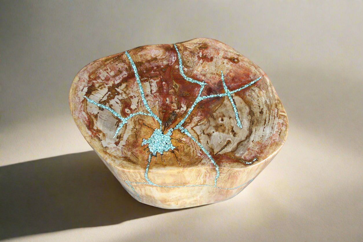 Petrified Wood Round Stump Howlite Turquoise Inlayed 17" / 216 lbs