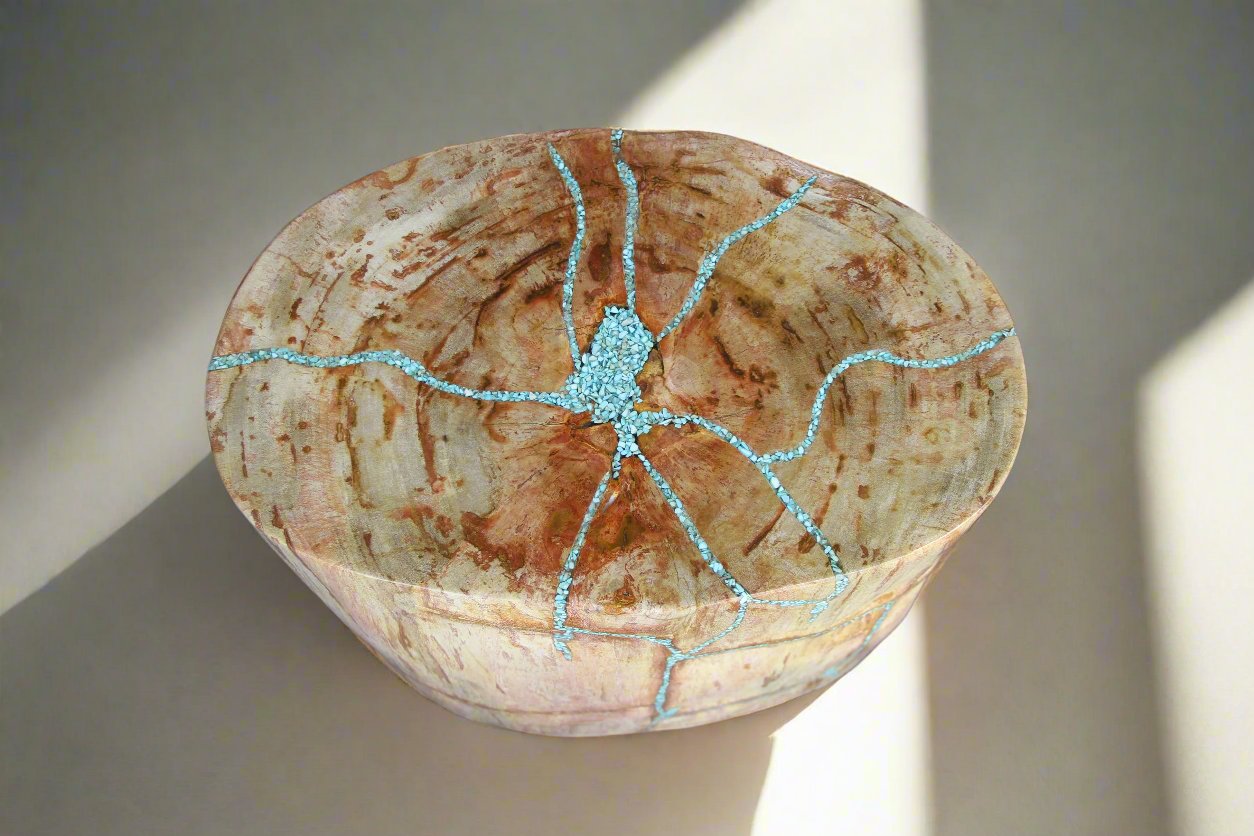 Petrified Wood Round Stump Howlite Turquoise Inlayed 19" / 262 lbs