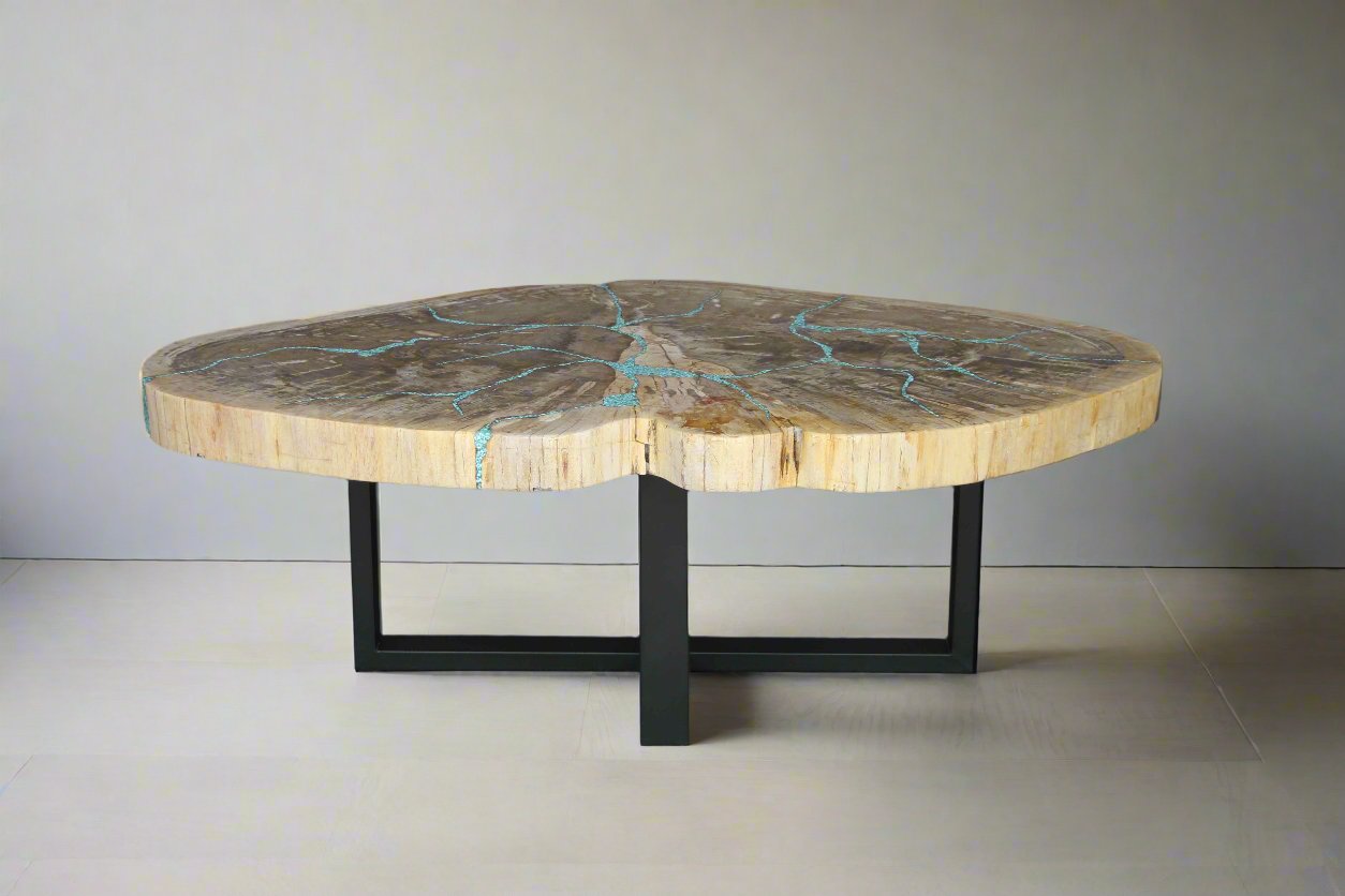 Petrified Wood Round Coffee Howlite Turquoise Inlayed 50" / 253 lbs