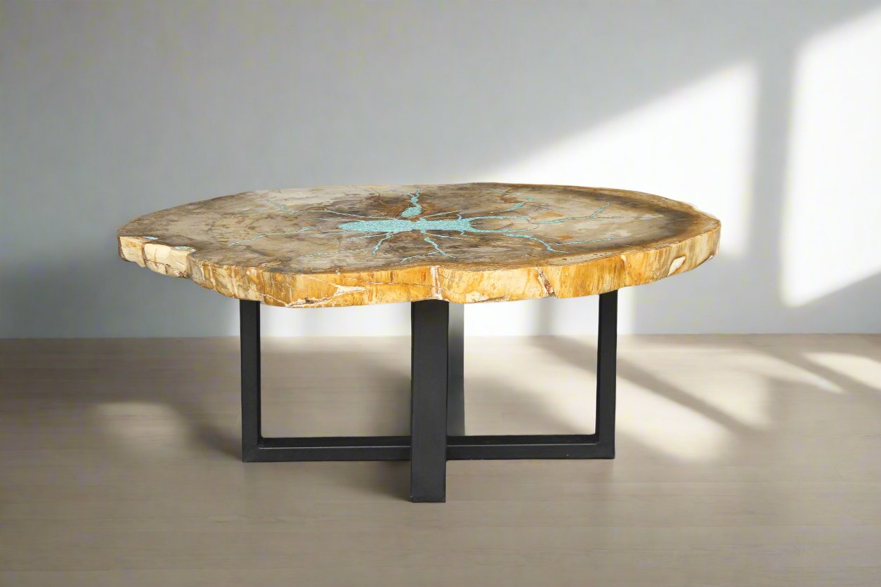 Petrified Wood Round Coffee Howlite Turquoise Inlayed 39" / 169 lbs