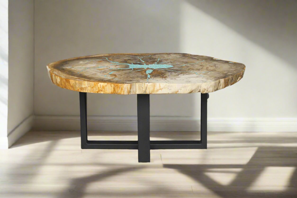 Petrified Wood Round Coffee Howlite Turquoise Inlayed 39" / 169 lbs