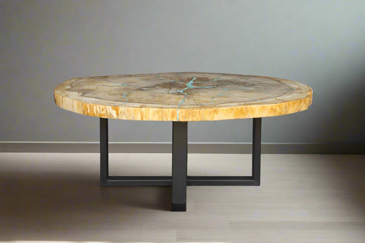 Petrified Wood Round Coffee Howlite Turquoise Inlayed 43" / 207 lbs