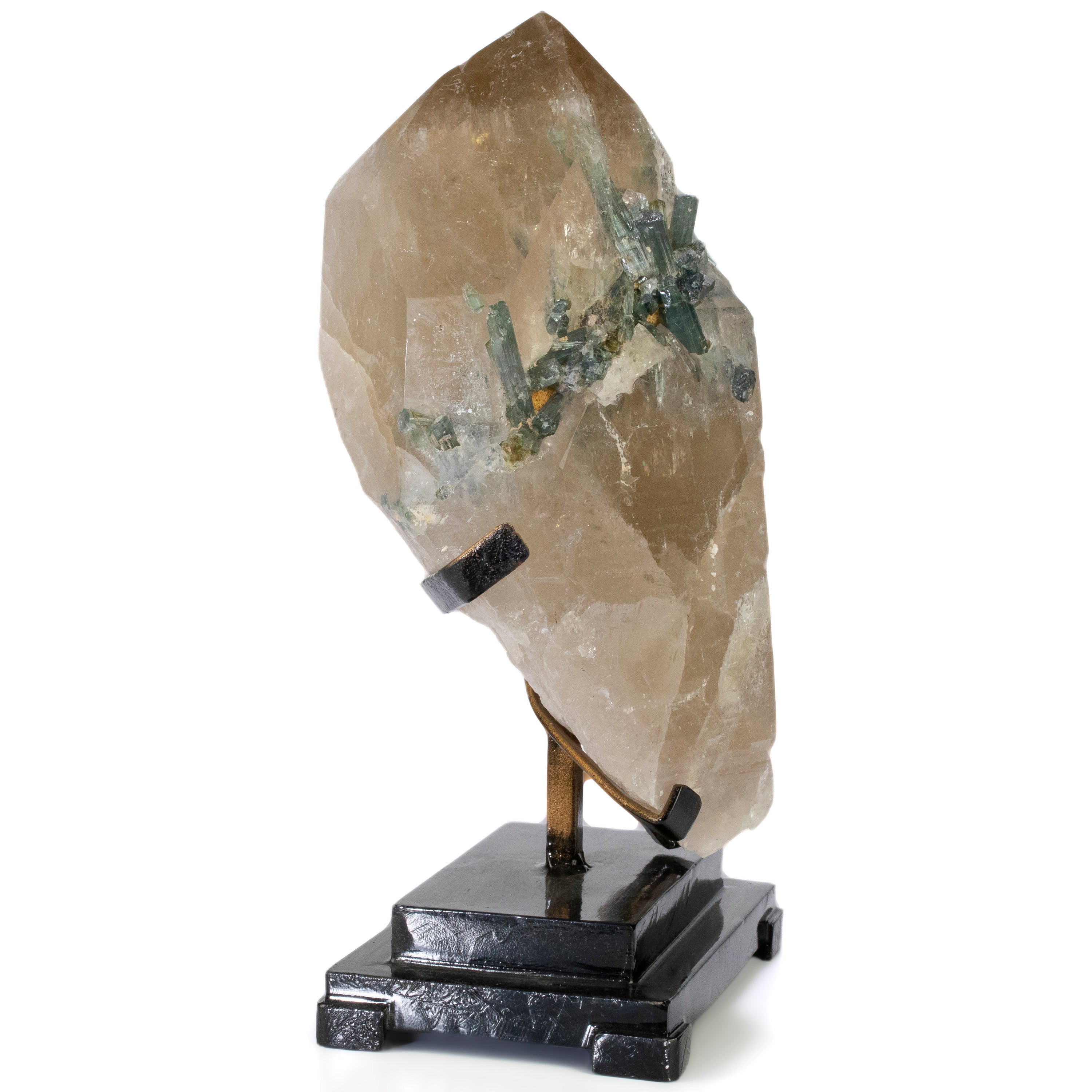 Brazilian Quartz Point with Indicolite Tourmaline on Custom Stand - 12" / 12 lbs