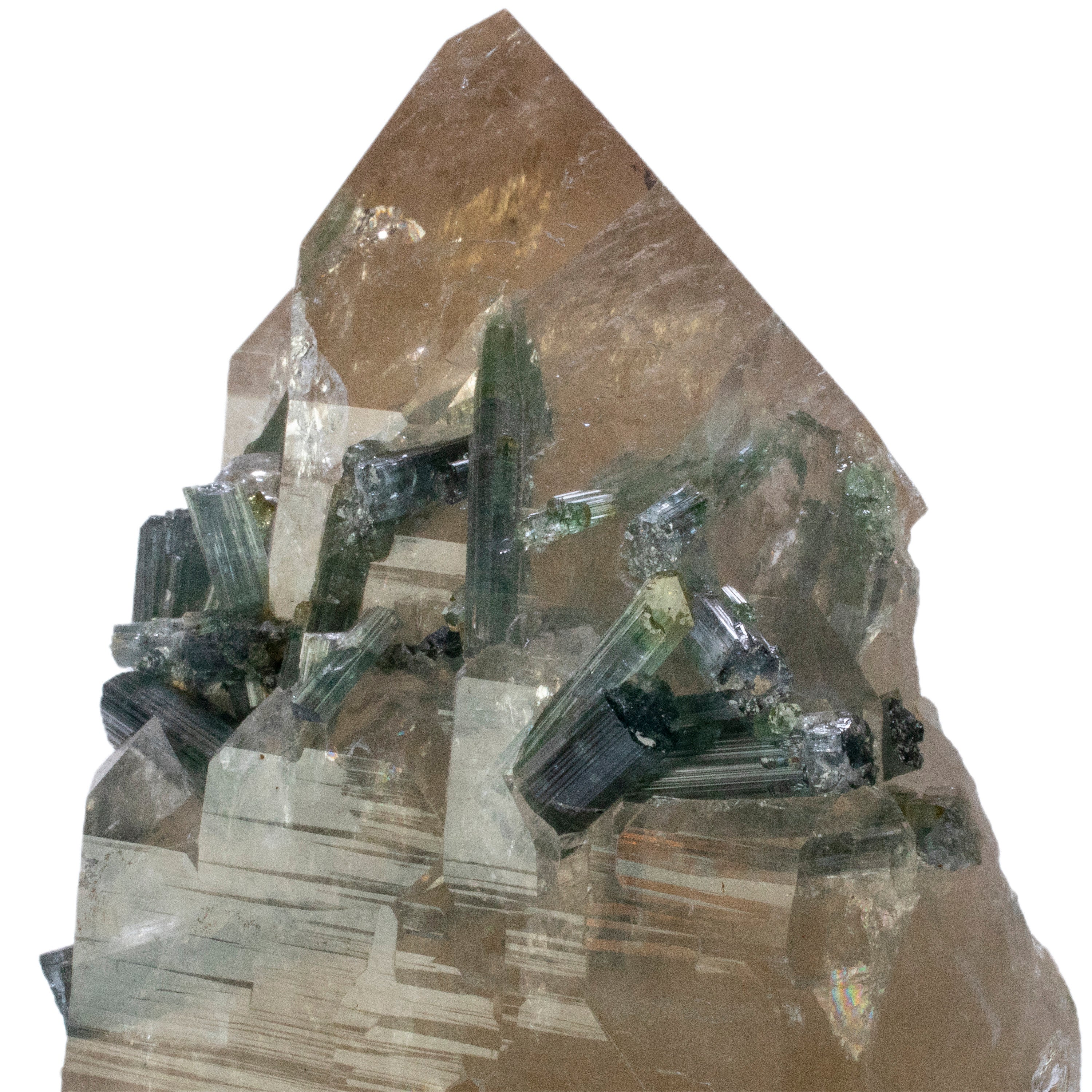 Brazilian Quartz Point with Indicolite Tourmaline on Custom Stand - 12" / 12 lbs