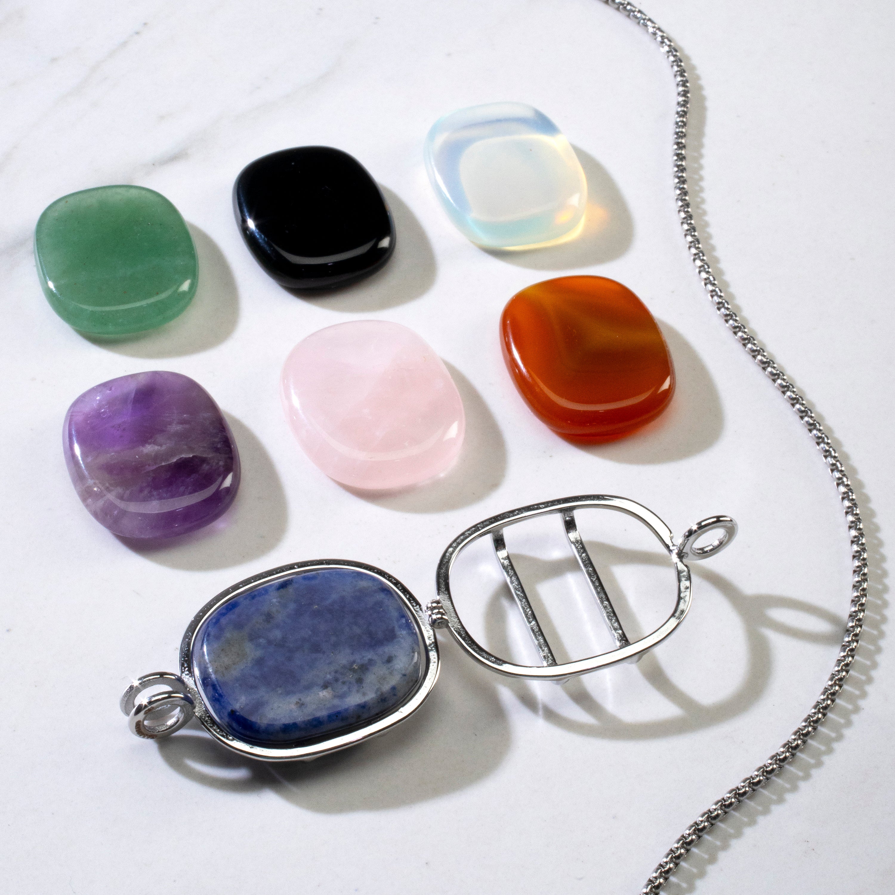 Stainless Steel Convertible Rectangle Locket with Chakra Gemstones | Adjustable Bolo Chain | 30"