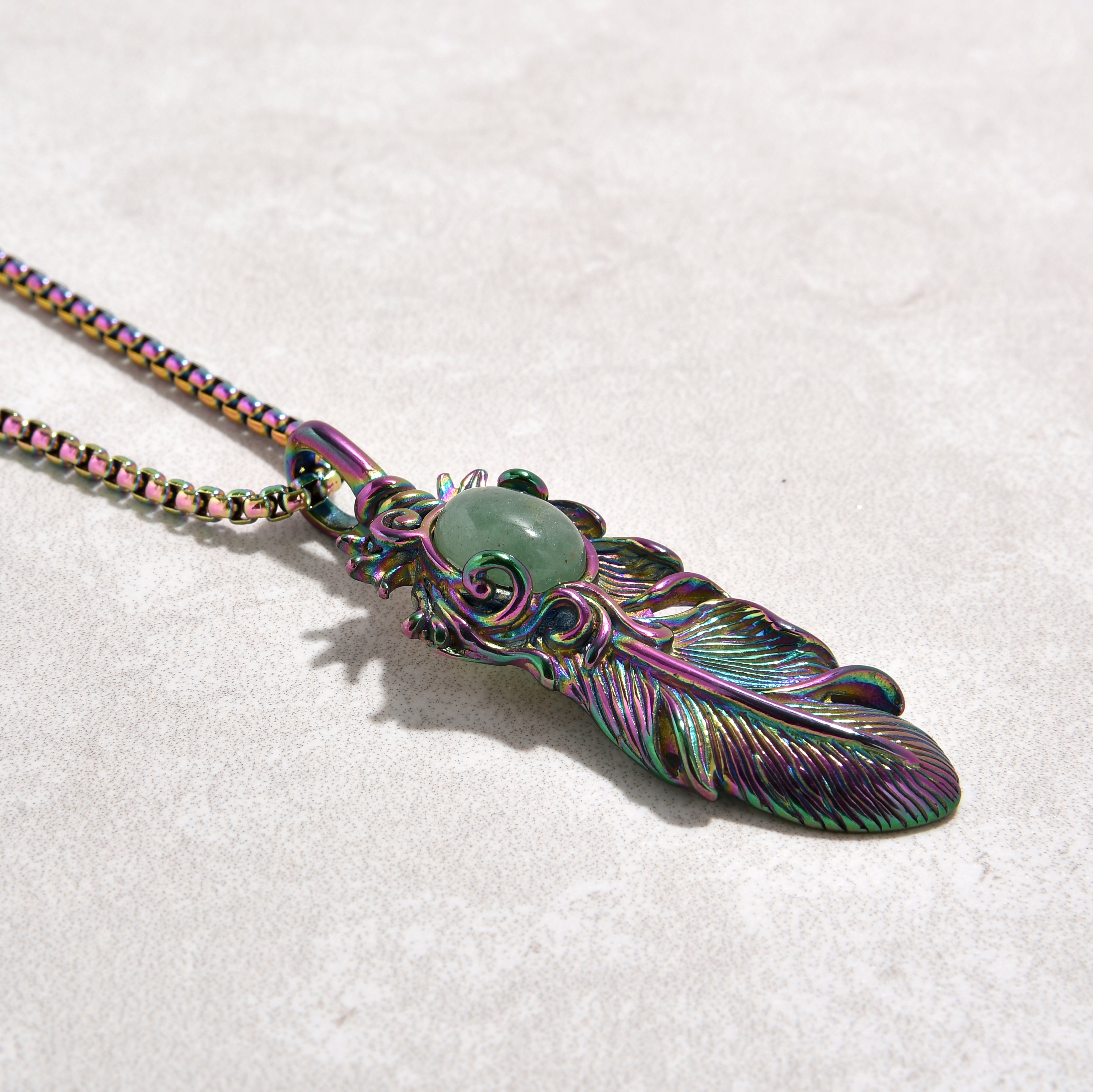 Aurora Borealis Aventurine Feather Steel Hearts Necklace