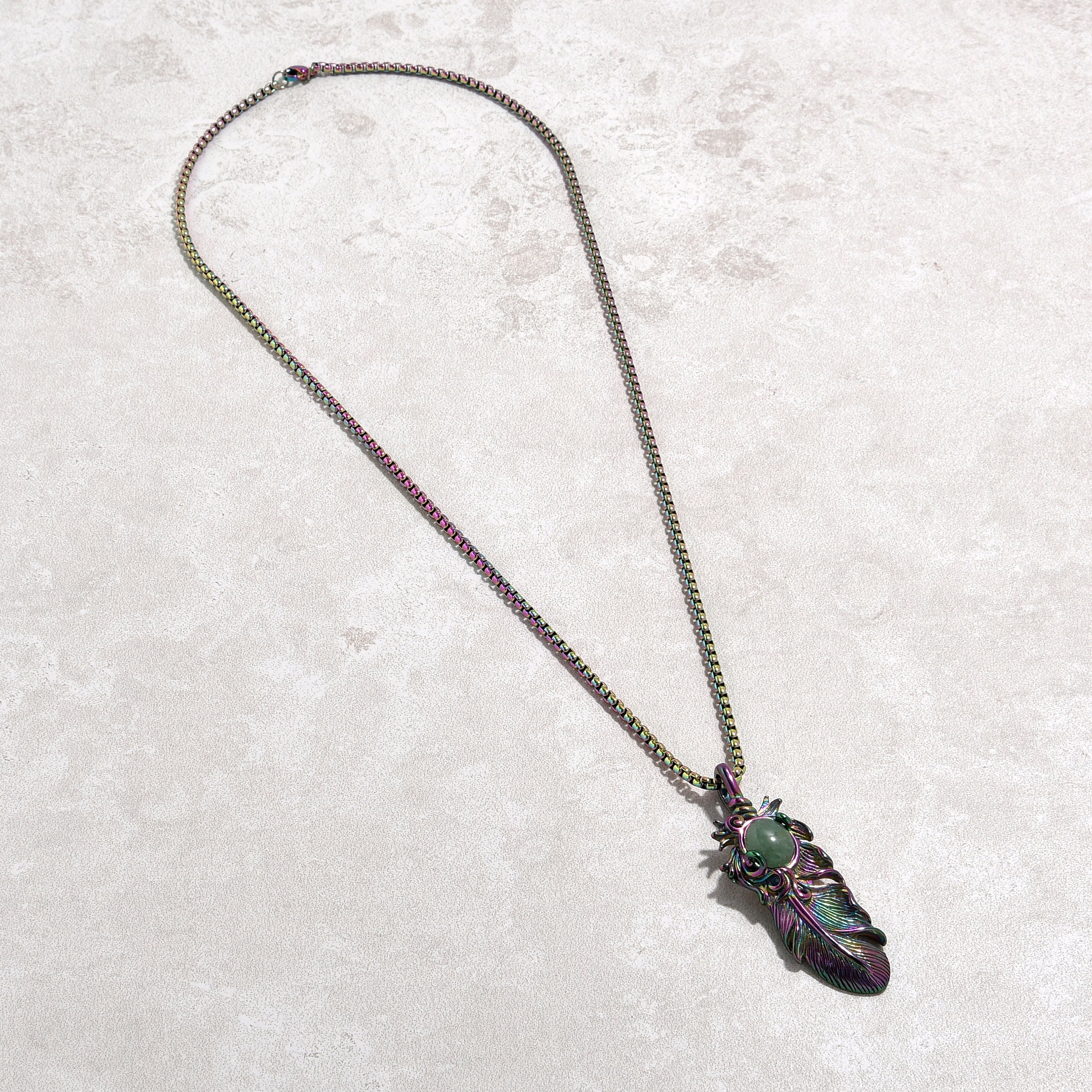 Aurora Borealis Aventurine Feather Steel Hearts Necklace