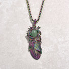 Aurora Borealis Aventurine Feather Steel Hearts Necklace